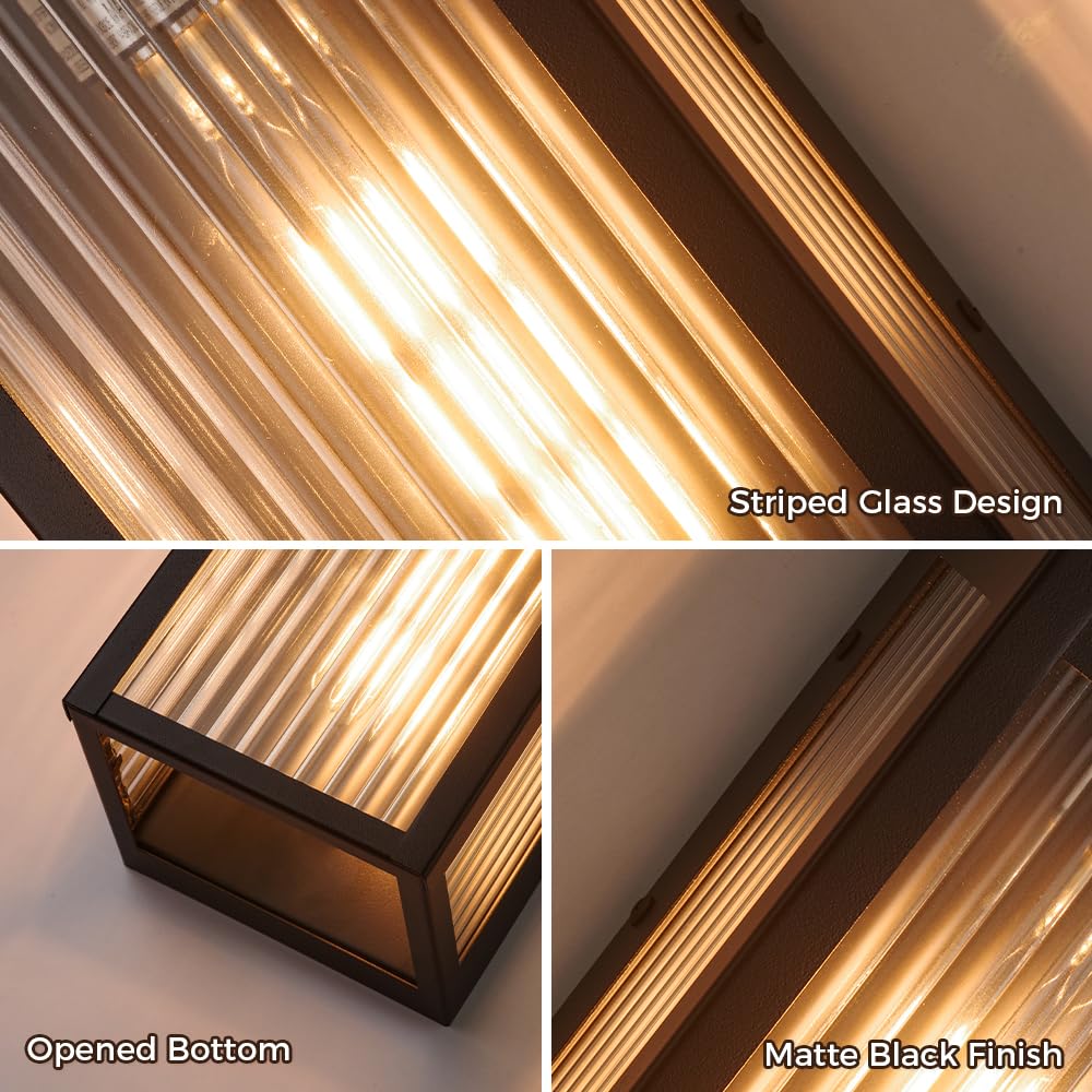 Cerdeco Black Outdoor Wall Light with Striped Tempered Glass,Modern Outdoor Wall Sconce with E26 Socket,2 Pack