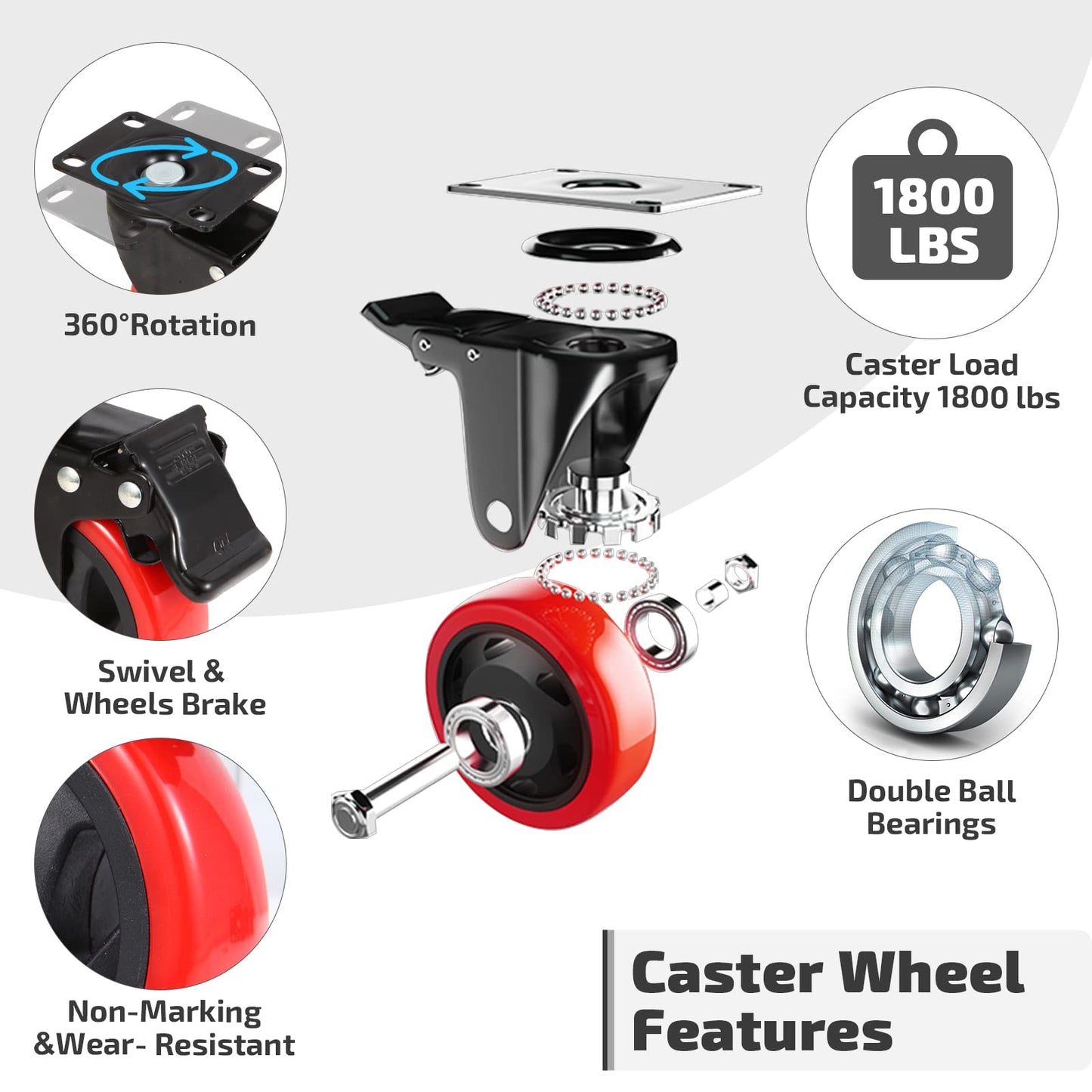 Nefish 4 Inch Industrial Caster Wheels with Brake, Casters Set of 4 Heavy Duty Industrial Grade Casters, Non-Marking Polyurethane Wheels, Workbench Casters 1800 Lbs for Cart, Furniture, Shelving
