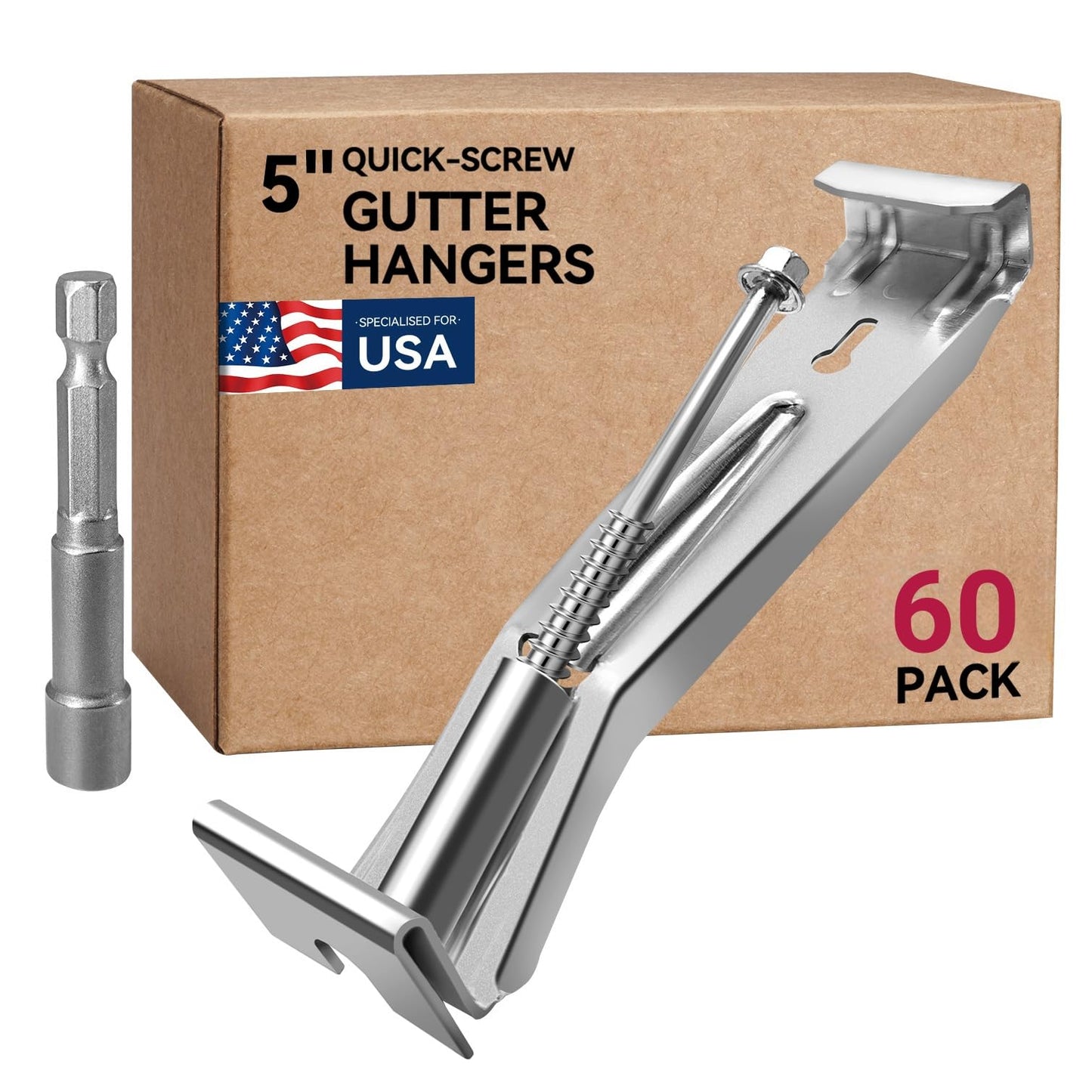 Gutter Hangers 5 inch - 60 Pack Gutter Brackets with Pre-Assembled Screw, Hidden Gutter Hangers for Repair Sagging Rain Gutters