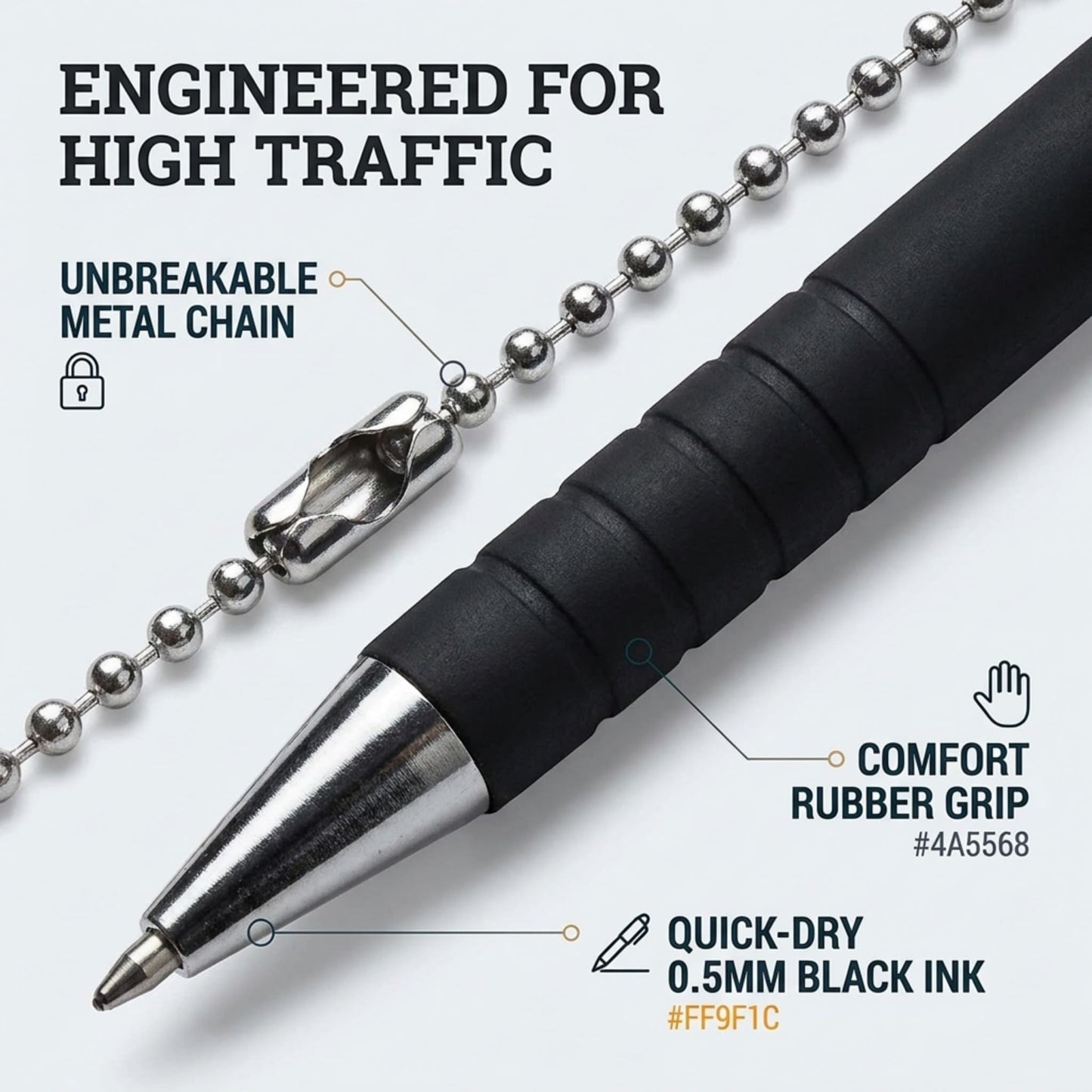 Office Werks 2 Pack of Secure Pens, Reception Counter Pen with 26" Chain Adhesive Holder, Includes 4 Black Ink Pens with Chain Attached Per Pack, (8 Pens Total) Easily Refillable Pens with Rubber Grip