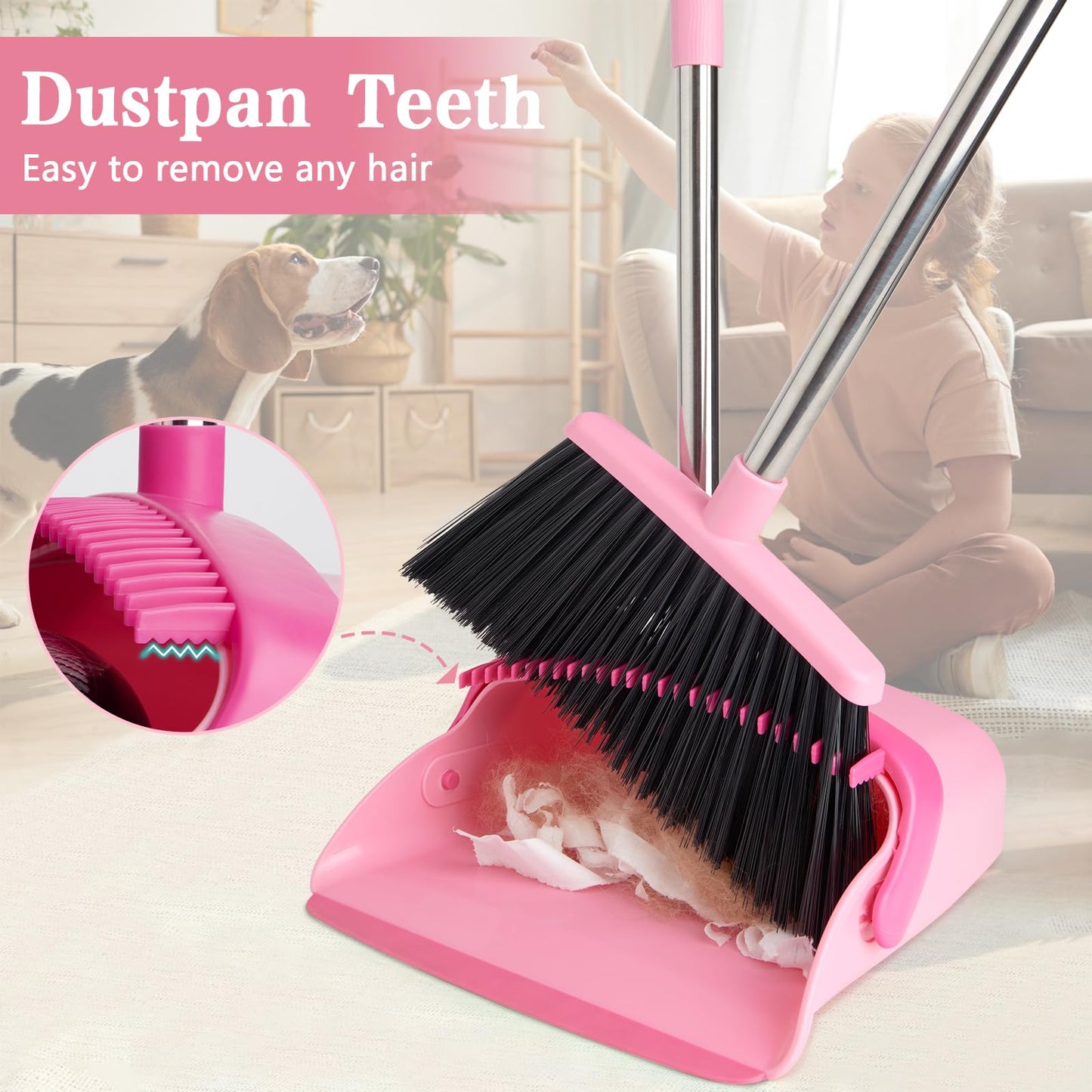 XXFLOWER Broom and Dustpan Set, Dustpans with Broom Combo with Long Handle Adjustable Length for Home, Kitchen,Office,Indoor(Pink)