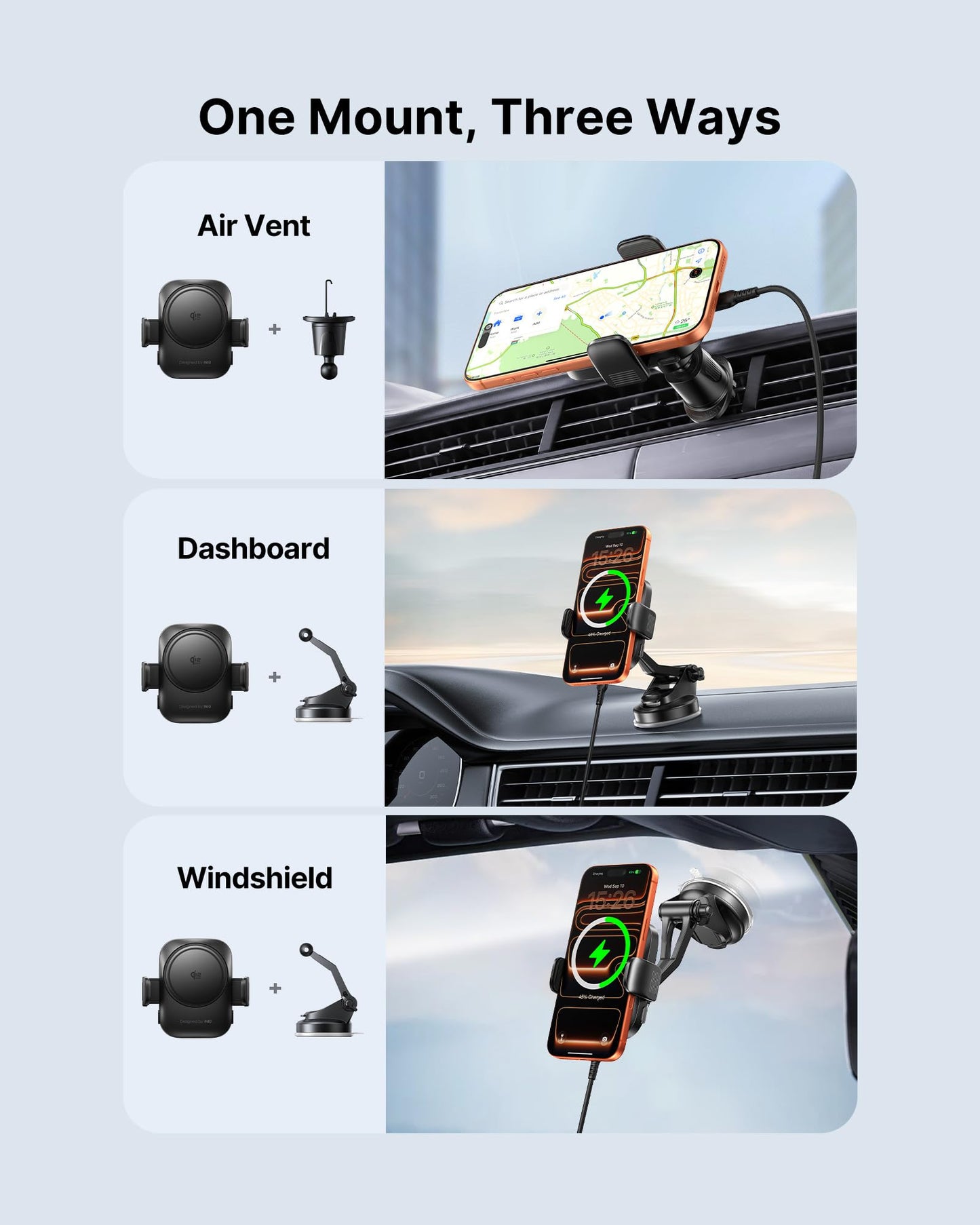 INIU Car Charger for MagSafe, Original Qi2 15W Fast Charging Wireless Car Phone Holder with Magnetic Grip, Air Vent & Dashboard Mount with Strong Clamp, Charger with Cooling Fan for iPhone 17-12 etc
