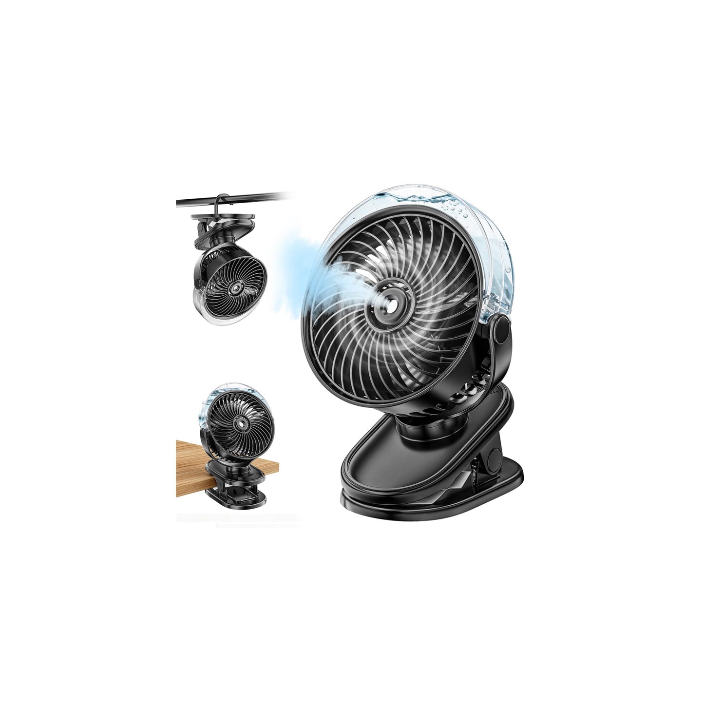Wrischan Portable Misting Clip on Fan, 6000mAh USB-C Rechargeable Personal Cooling Fan with 4 Speeds & 2 Mist Modes – 360° Rotatable, LED Light for Stroller, Golf Cart, Camping, Home Office & Travel