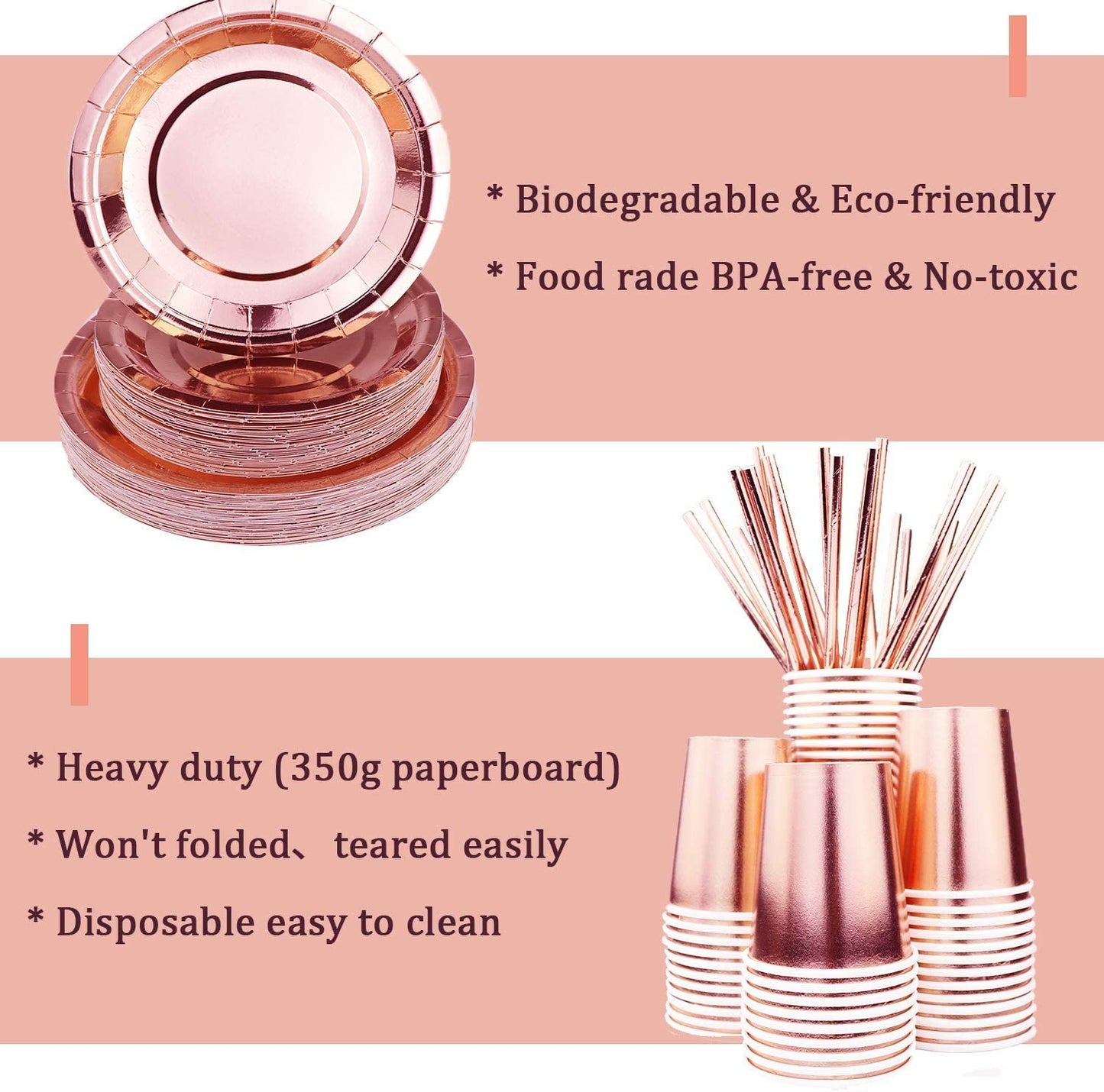 310PCS Rose Gold Party Supplies - Disposable Paper Plates Dinnerware Set Rose Gold Dots 50 Dinner Plates 50 Dessert Plates 50 Cups 50 Napkins 50 Straws 60 Balloons Birthday Party Wedding Holiday