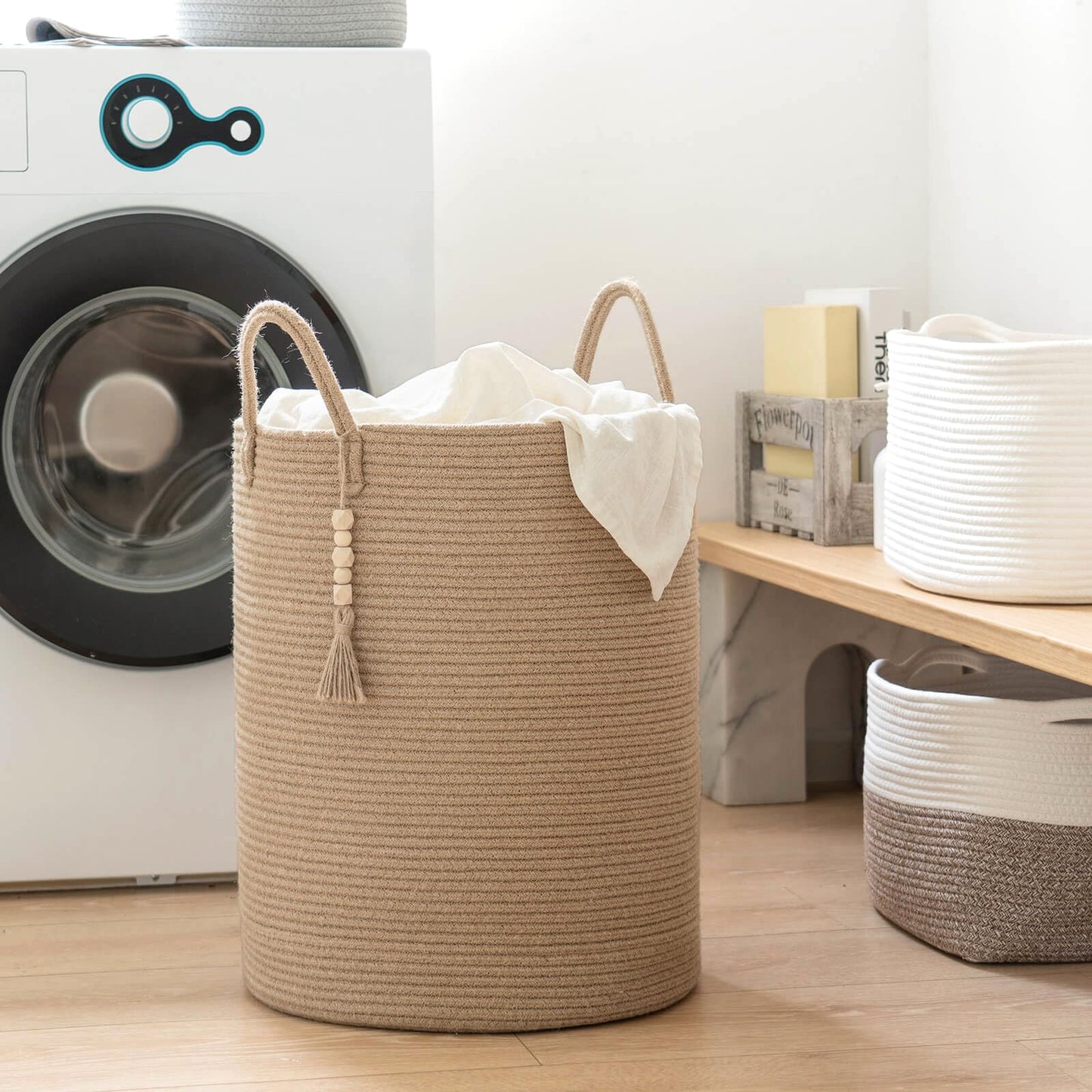 Goodpick Tall Wicker Laundry Basket,Large Storage Baskets for Pillows, Towels,Decorative Blanket Baskets for Living Room, Baby Laundry Hamper,Woven Jute Basket with Handles,16 x 20inches