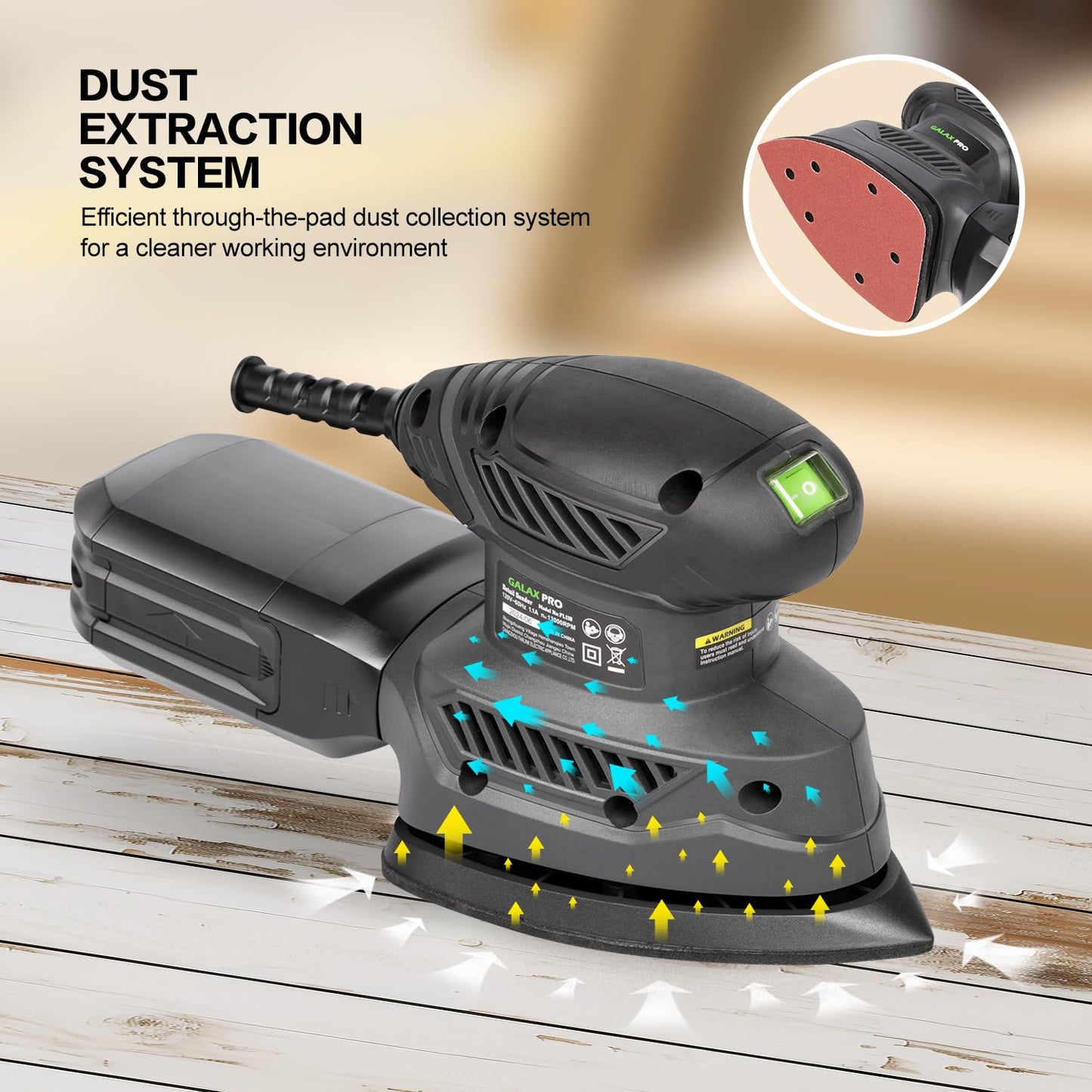 GALAX PRO Detail Sander, 1.1A Powerful Motor, 13000 OPM Compact Electric Sander with 20Pcs Sandpapers and Dust box, Soft Grip Handle for Comfortable Woodworking