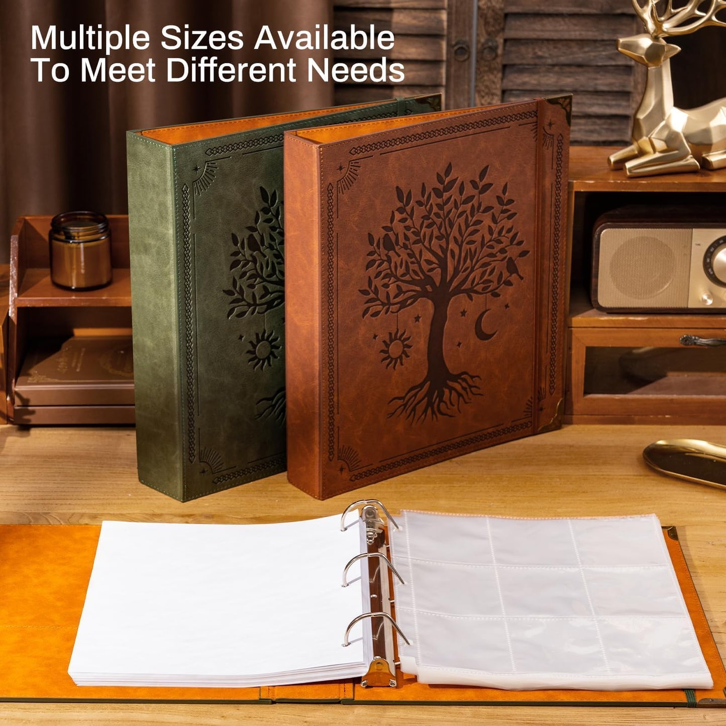Ovesmusl Leather D Ring Binder Fits 8.5"x11" Letter Size Paper, 2 Inch EZD Ring Binders Holds 550 Sheets, Notepad Paper Cover Loose Leaf Organizer with Inner Pockets, Green Tree