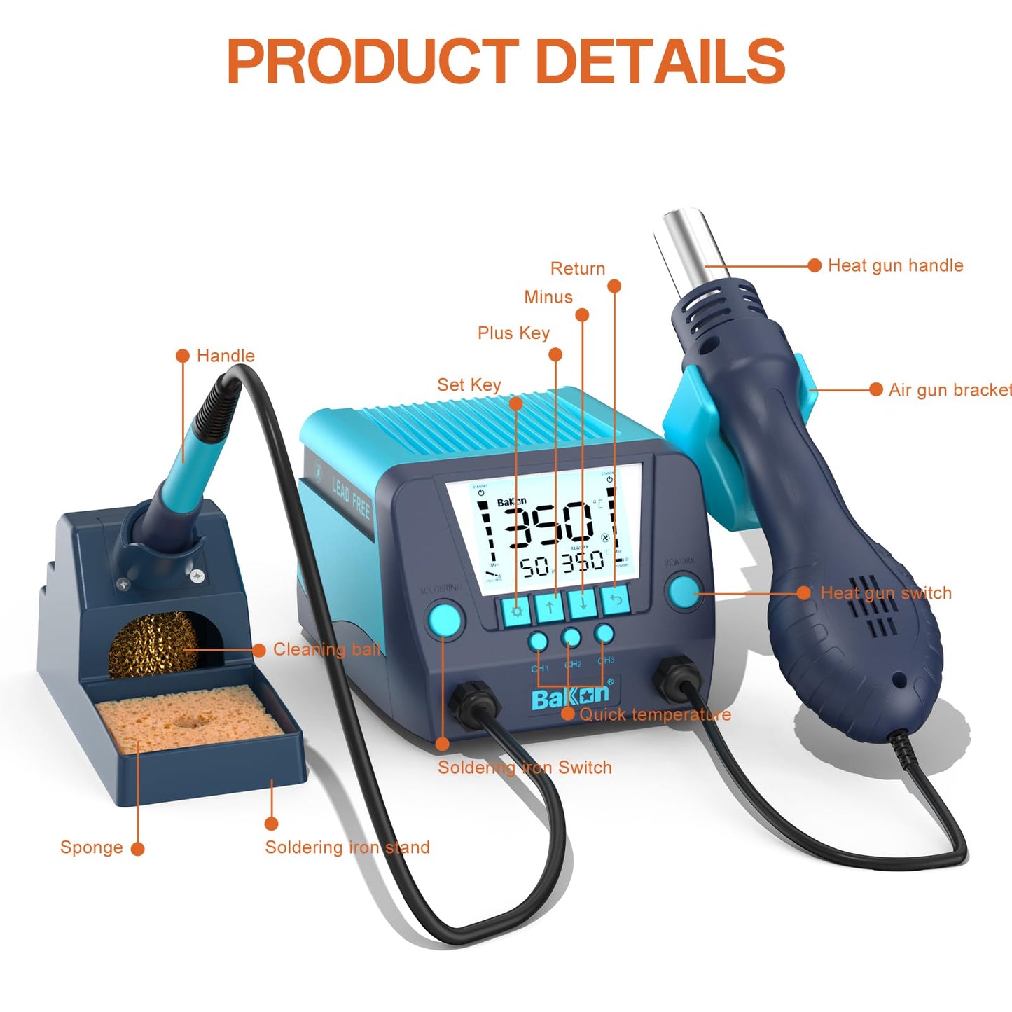 BAKON 882 2-in-1 SMD Hot Air Rework & Soldering Station with LCD, Auto Sleep, °F/°C, Tips ，Nozzles, Solder Wire, Tweezers, Solder Sucker