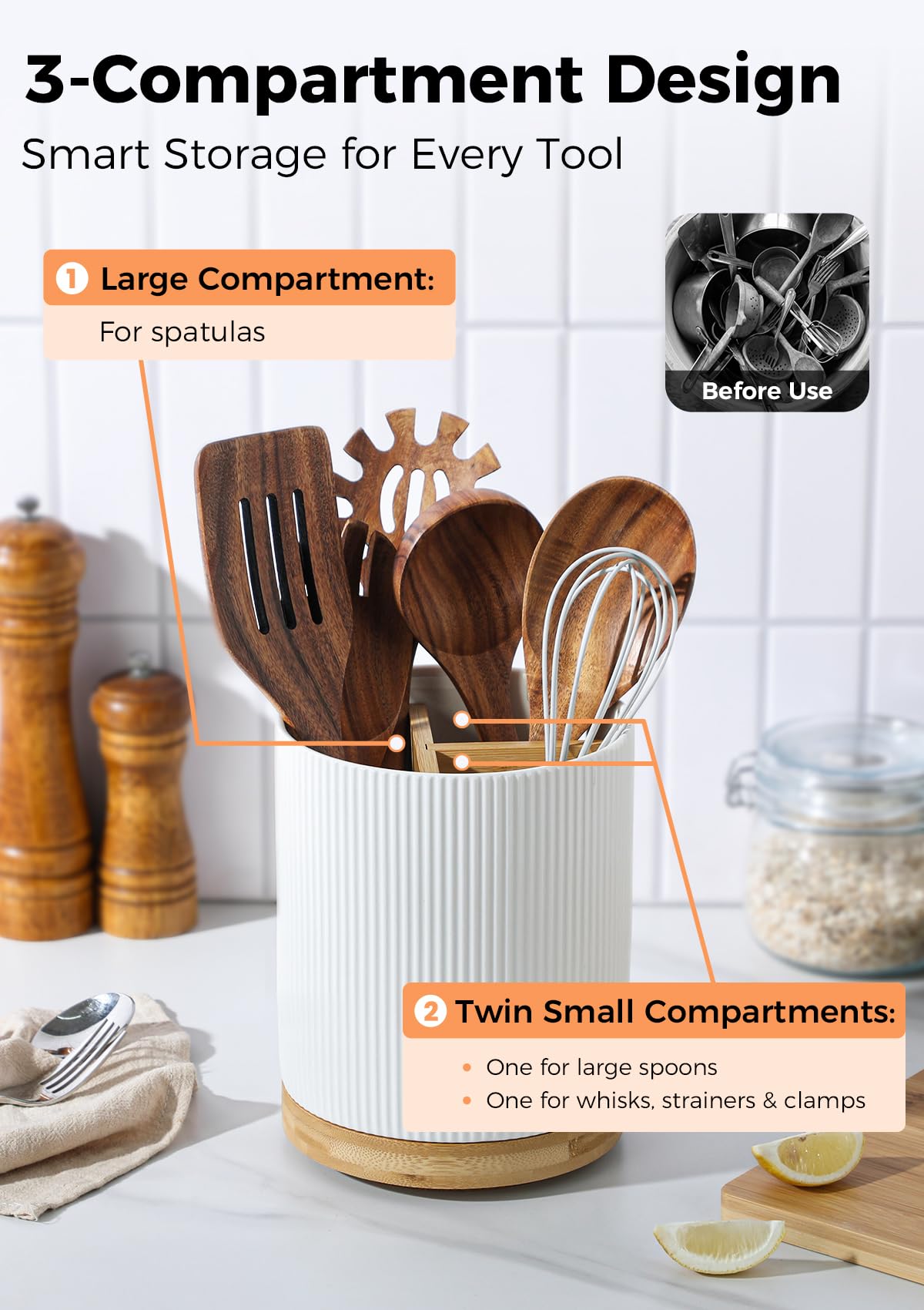 LoeJan 3 Compartment Utensil Holder, 7.2" Extra Large Utensil Crock, Stable Ceramic Utensil Organizer, Cooking Tool Organizer Set for Kitchen Counter Farmhouse Décor