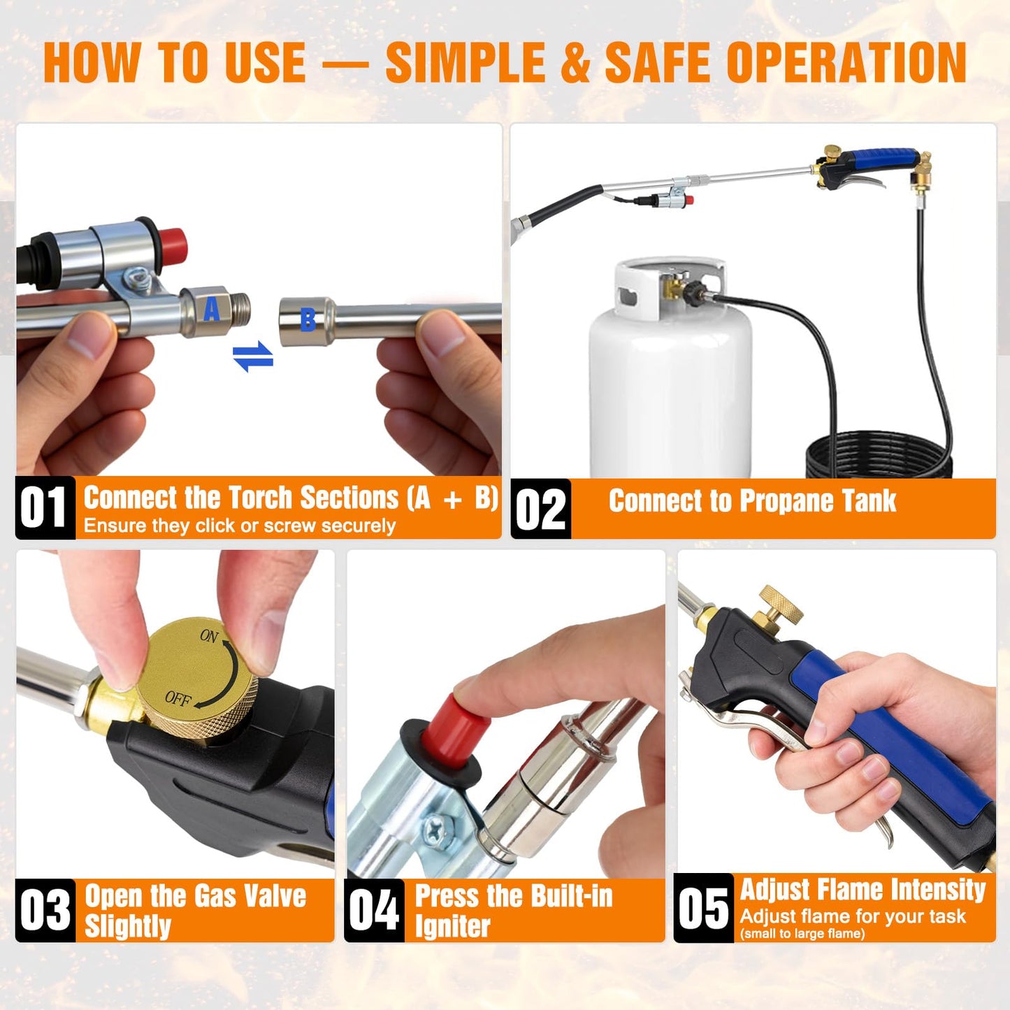 Propane Weed Control Torch Kit with 12.5 ft Hose, Outdoor Heat Tool with Push Ignition & Adjustable Output, Long or Short Setup for Yard, Snow Clearing, Driveway & Garden Work