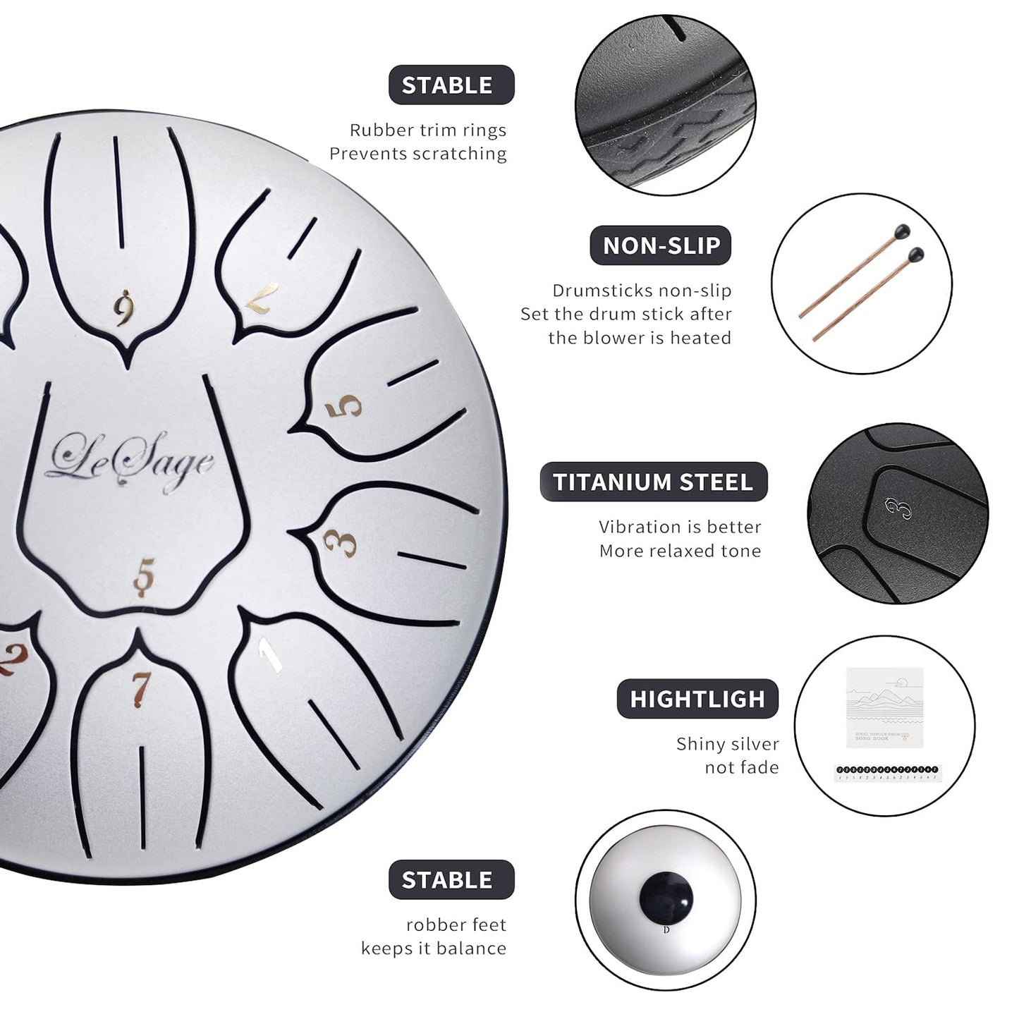 LeSage Steel Tongue Rain Drum 6 Inch 11 Note - Sound Healing Handpan for Therapy, Meditation, Yoga, and Zen - Metal Tank Tone Instrument