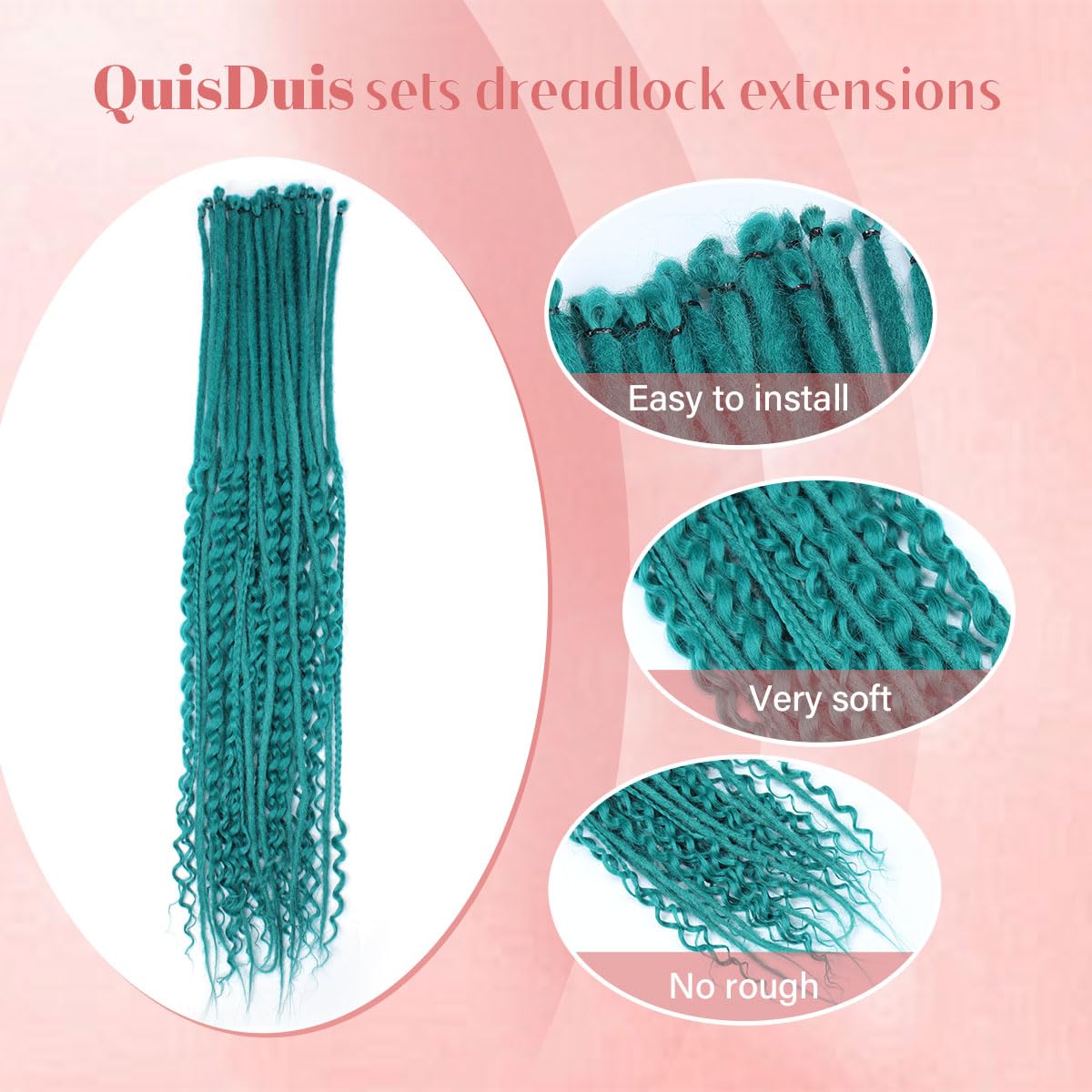 Quiduis 30 Inch 30 Strands SE Dreadlock Extensions,3 In 1 Mixed Synthetic Dreads Extensions,Pine Green Curly&Straight&Boho Single Ended Dreads Extensions Hippie Style Dreadlock for Women