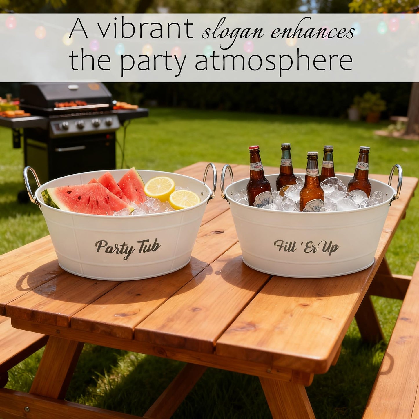 Annie Garden 2-Pack White Metal Ice Bucket, Beverage Cooler Tub with Stainless Steel Handle - Reinforced Ribbed Design, Silk-Screened Logo & Powder-Coated Surface for Party, Beverage Cooling & Storage