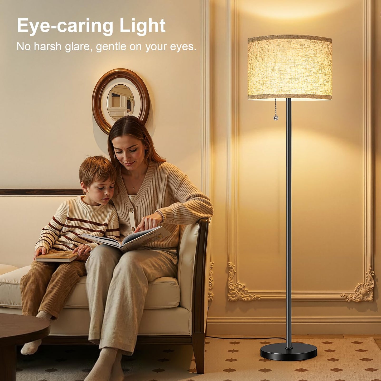 FUNNYBEHOM Floor Lamps for Living Room with 3 Color Temperatures Standing Lamp with Beige Linen Lampshade Tall Lamps for Bedroom Office, Reading, 9W LED Bulb Included, Black