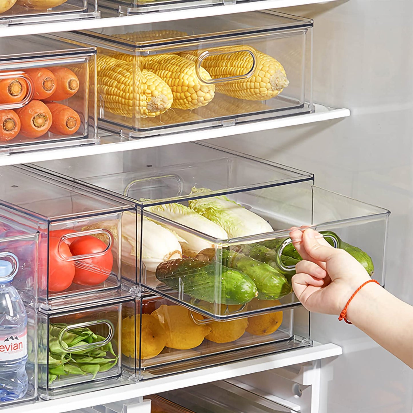 MineSign 4Pack Stackable Fridge Drawers Pull-out Storage Bins with Handle Clear Food Container for Refrigerator Plastic Dresser Organizer Fruit&Veggie Keeper for Freezer Cabinet Kitchen Organization