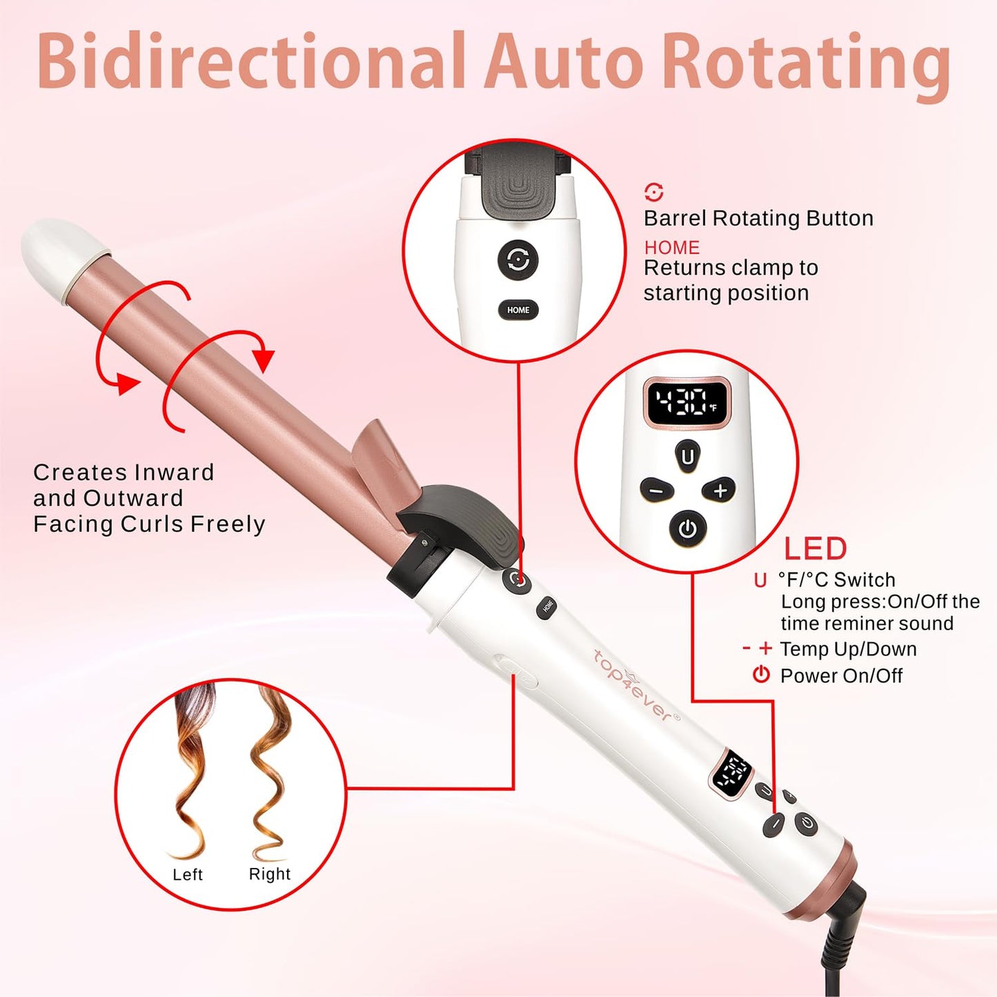 3 in 1 Auto Rotating Curling Iron - TOP4EVER Automatic Hair Curler with Interchangeable Wand (0.75", 1", 1.25"), Adjustable Temp, Instant Heat Hot Styling Tools for All Hair Types