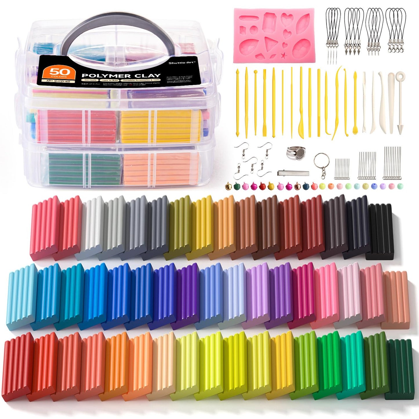Shuttle Art Polymer Clay Kit, 50 Colors, Soft Oven Clay Kit, 19 Carving Tools and 10 Kinds of Accessories, Non-Stick, Non-Toxic, Ideal Gift for Kids
