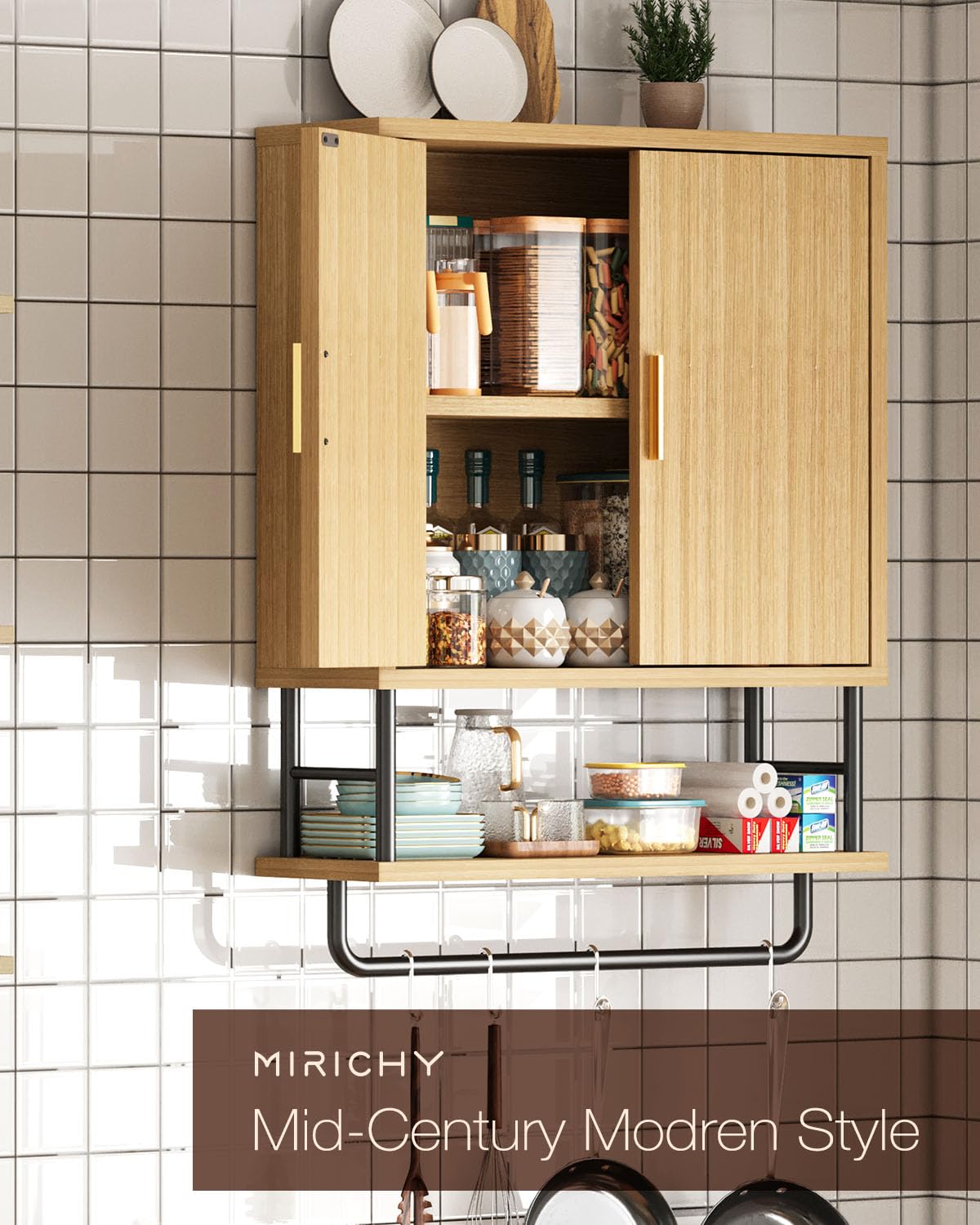 MIRICHY Bathroom Wall Cabinet, Fluted Medicine Cabinet Wall Mounted with 2 Doors & Shelf, Towel Rack Over The Toilet Storage for Bathroon, Kitchen, Bedroom & Laundry, Natural Small