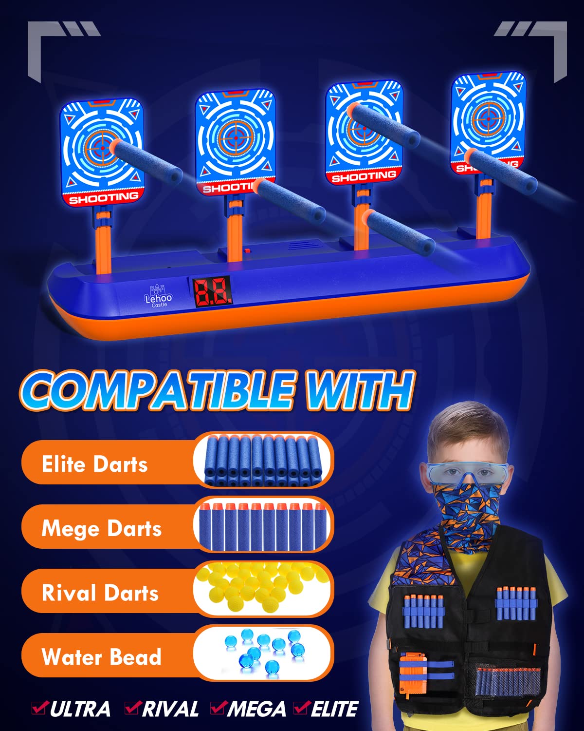 Nerf Target, Lehoo Castle Electronic Digital Target for Nerf Guns with Auto-Reset, Scoring Shooting Targets for Kids Include Kids Tactical Vest, 60 Bullets, Glasses, Gift Toy for Kids Boys Girls