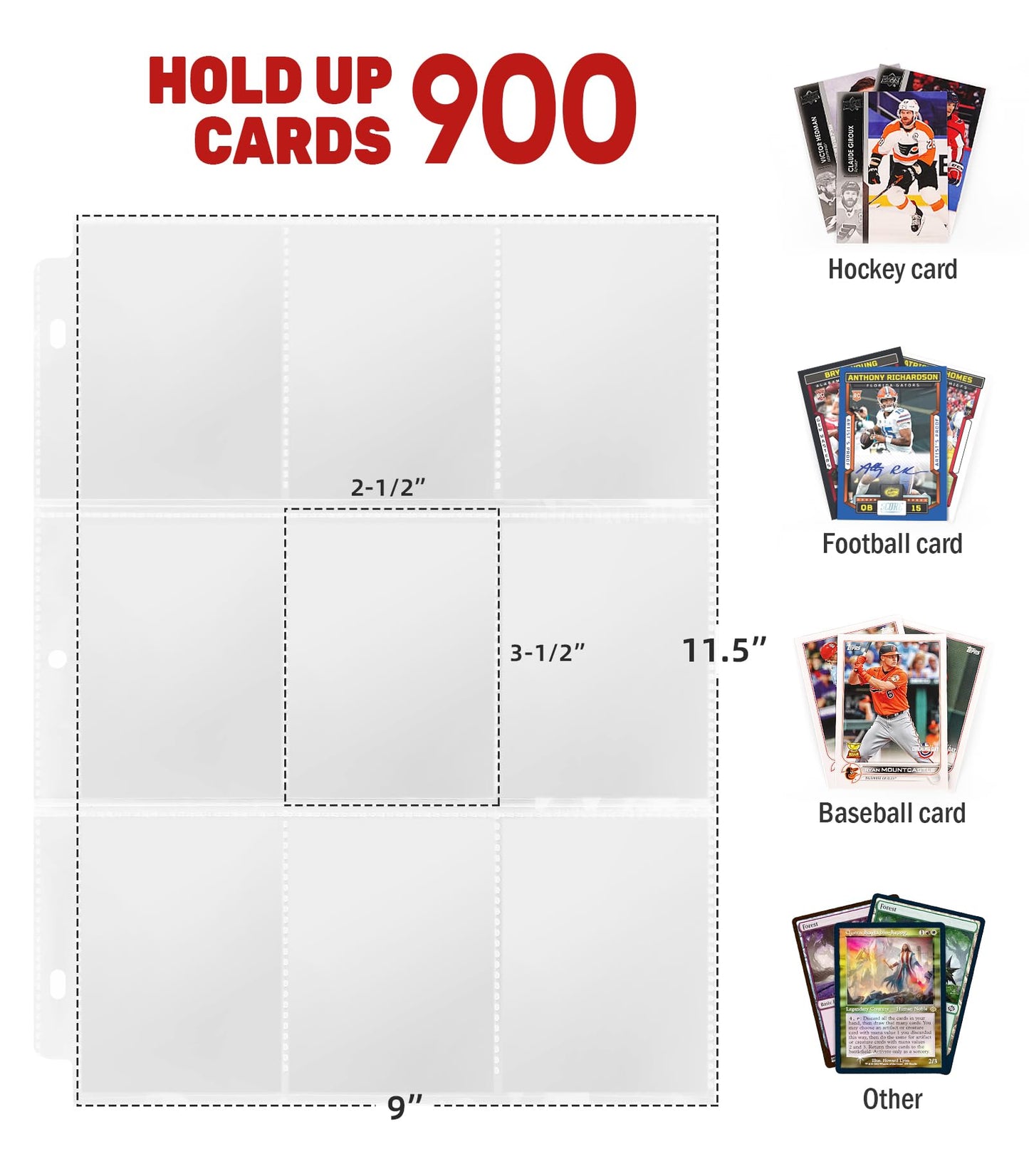 Hockey Card Binder with Sleeves, 900 Pockets 3-Ring Metal card Holder Protector Album, Card Storage Organizer Display Case Compatible with upper deck Trading Card, Sport, Football, Baseball, TCG Cards