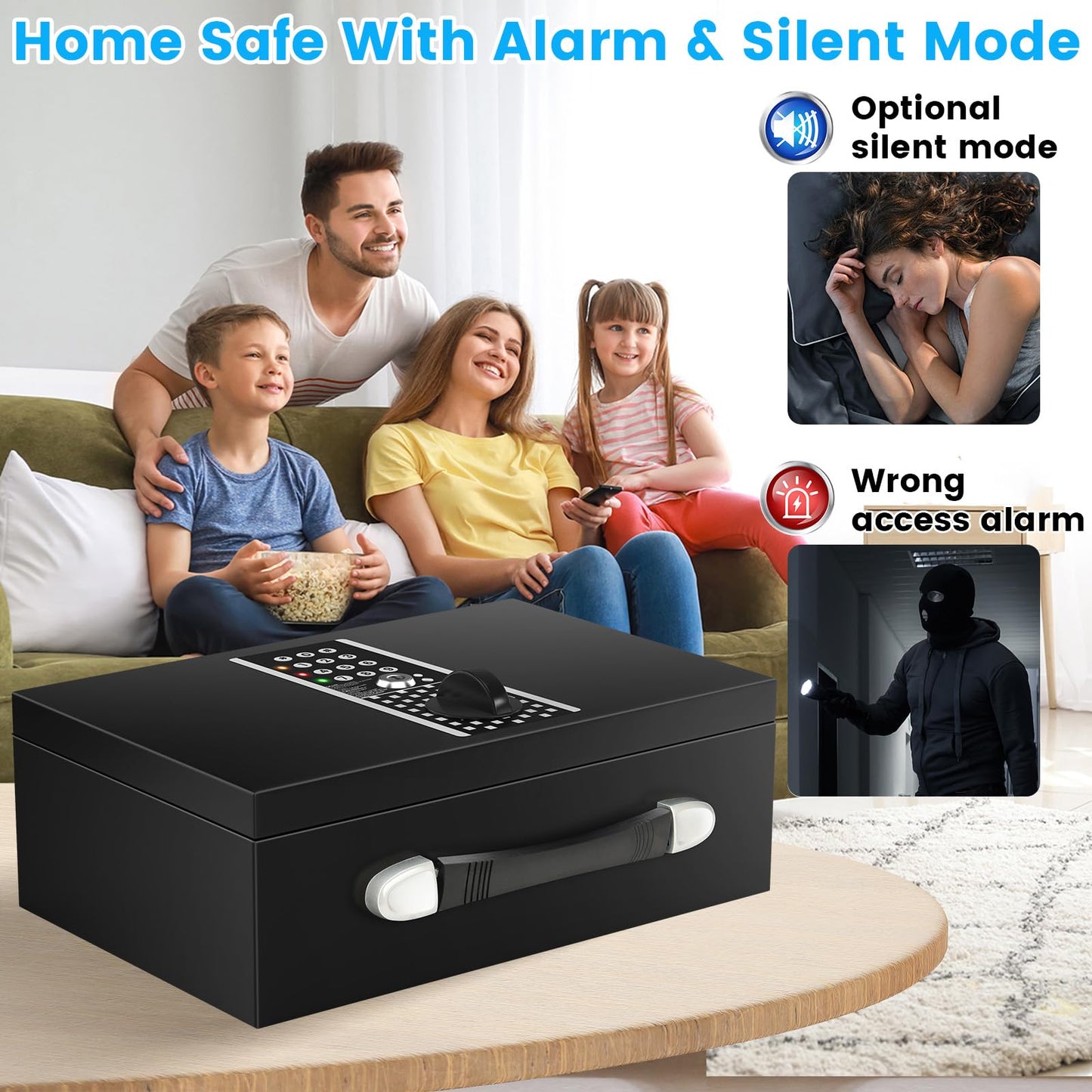 GUVELI Portable Safe Box for Home with Alarm and Silent Modes, Digital Home Safes Money Safe Box with Hand Grip, Lock Box Storage Fireproof Document Box for Money Medicine Jewelry A4 Document