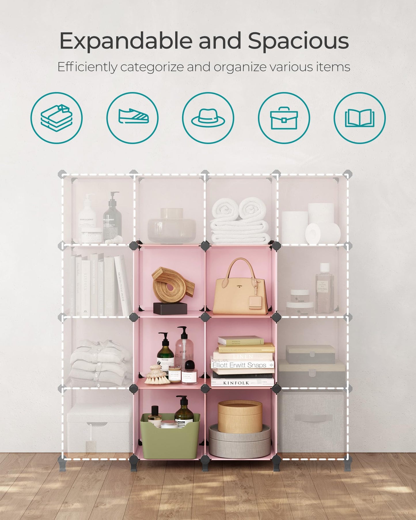 SONGMICS 6 Cube Storage Organizer, DIY Closet Shelf, Plastic Clothes Organizer, Modular Bookcase, 11.8 x 11.8 x 11.8 Inch Cubes, with Feet and Rubber Mallet, Pink ULPC111P01
