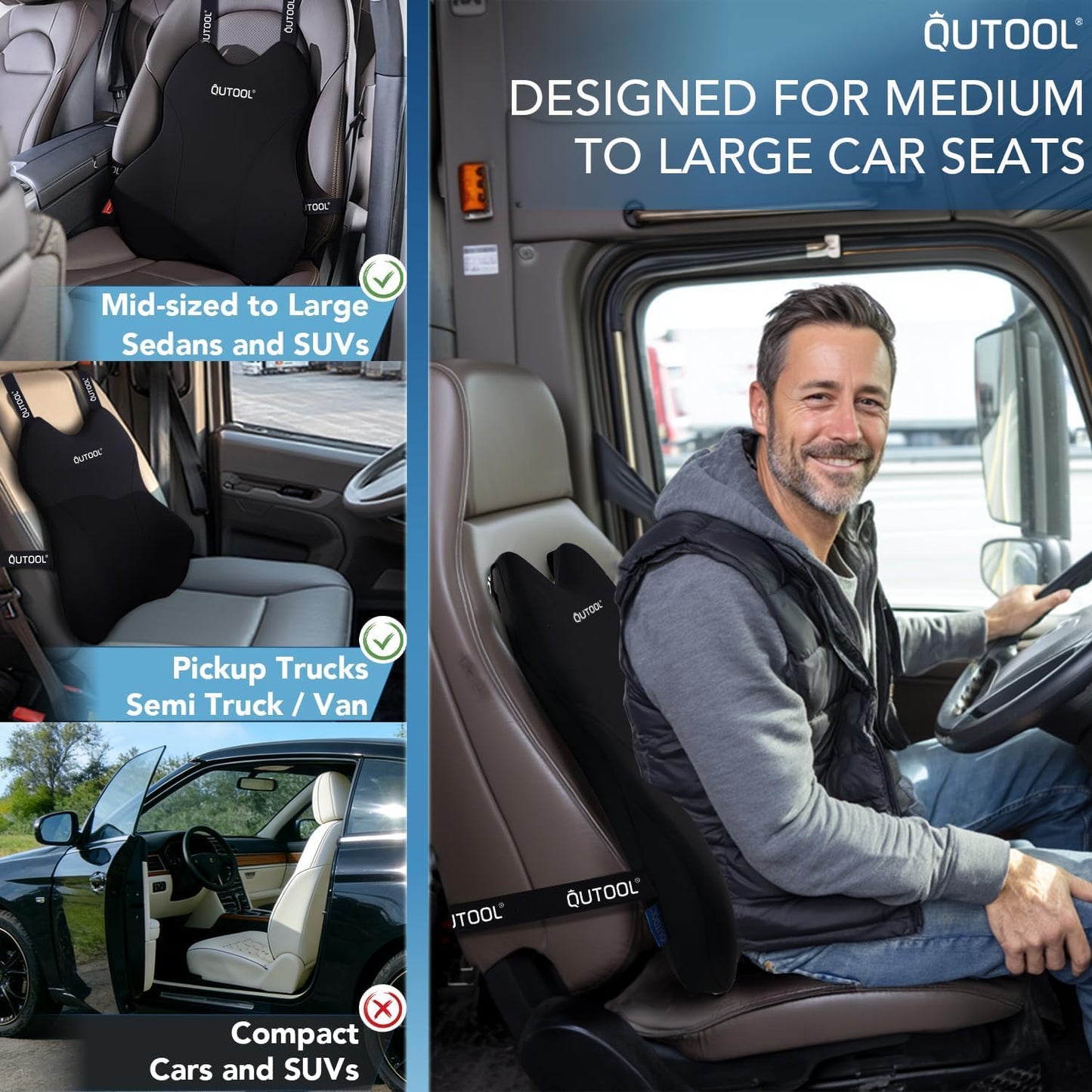 QUTOOL Lumbar Support Pillow for Car & Truck, Memory Foam Back Cushion for Driving Seat, Long-Time Driving Comfort, Washable Cover, Lower Back Support Fits Most Vehicles (Black)