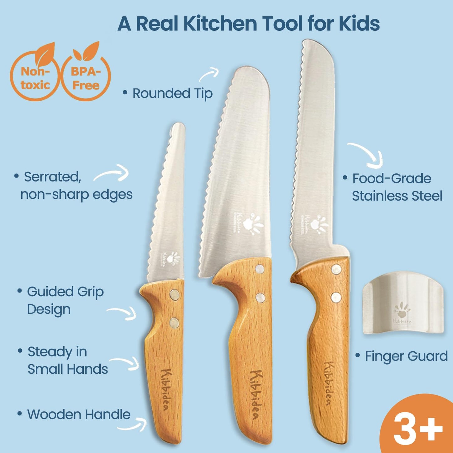 KIBBIDEA Kids Safe Knife Set for Real Cooking 4pcs, Rounded Design Won't Cut Skin, Stainless Steel Toddler Friendly Knife Set, Child Kitchen Knives for Cutting Fruits, Vegetable and Cake, Gift for Boys & Girls