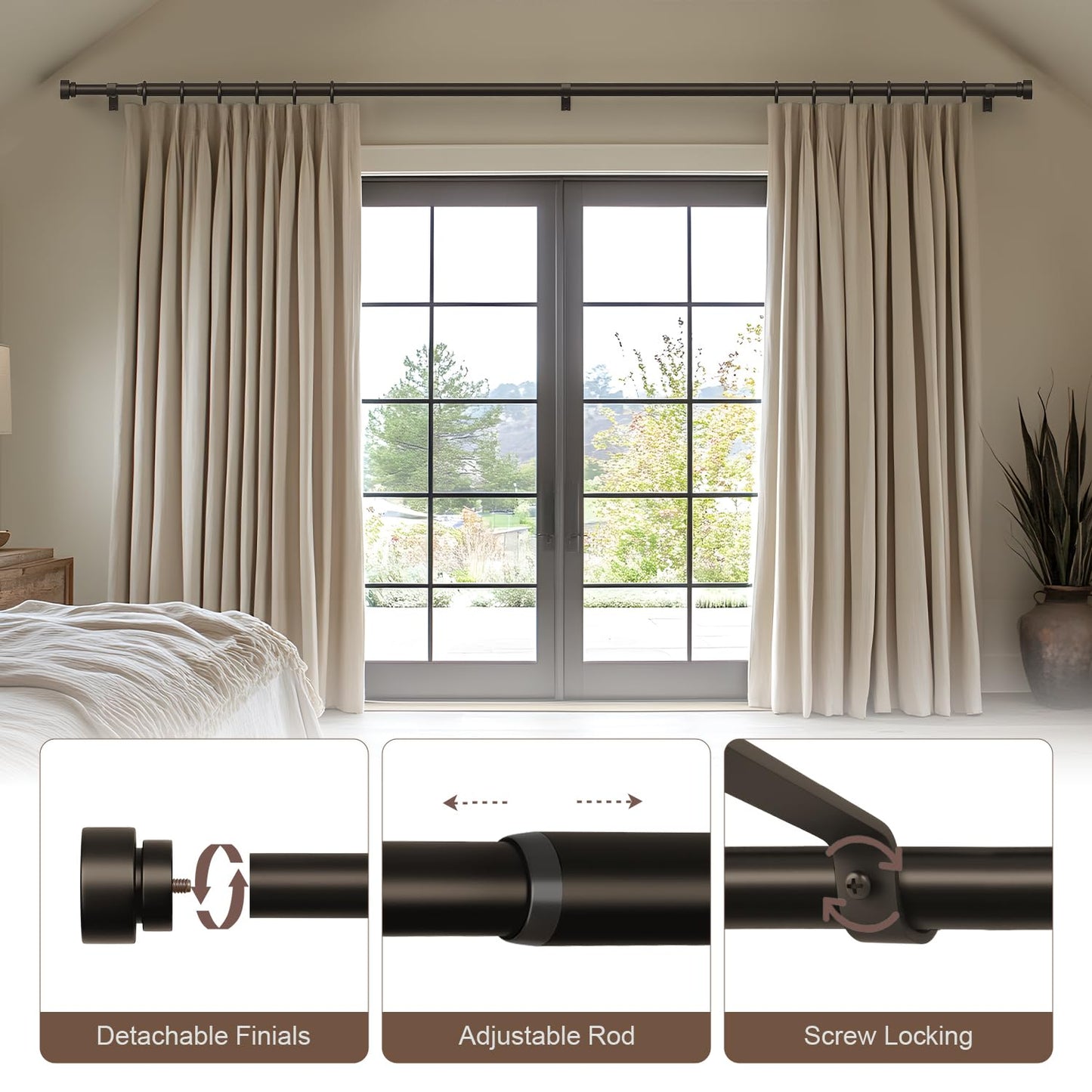 Modern Brown Curtain Rods for Windows 48 to 84 Inches Adjustable Length Heavy Duty 1" Diameter Window Curtain Rod with Decorative Finials for Outdoor Farmhouse Bedroom Kitchen Living Room