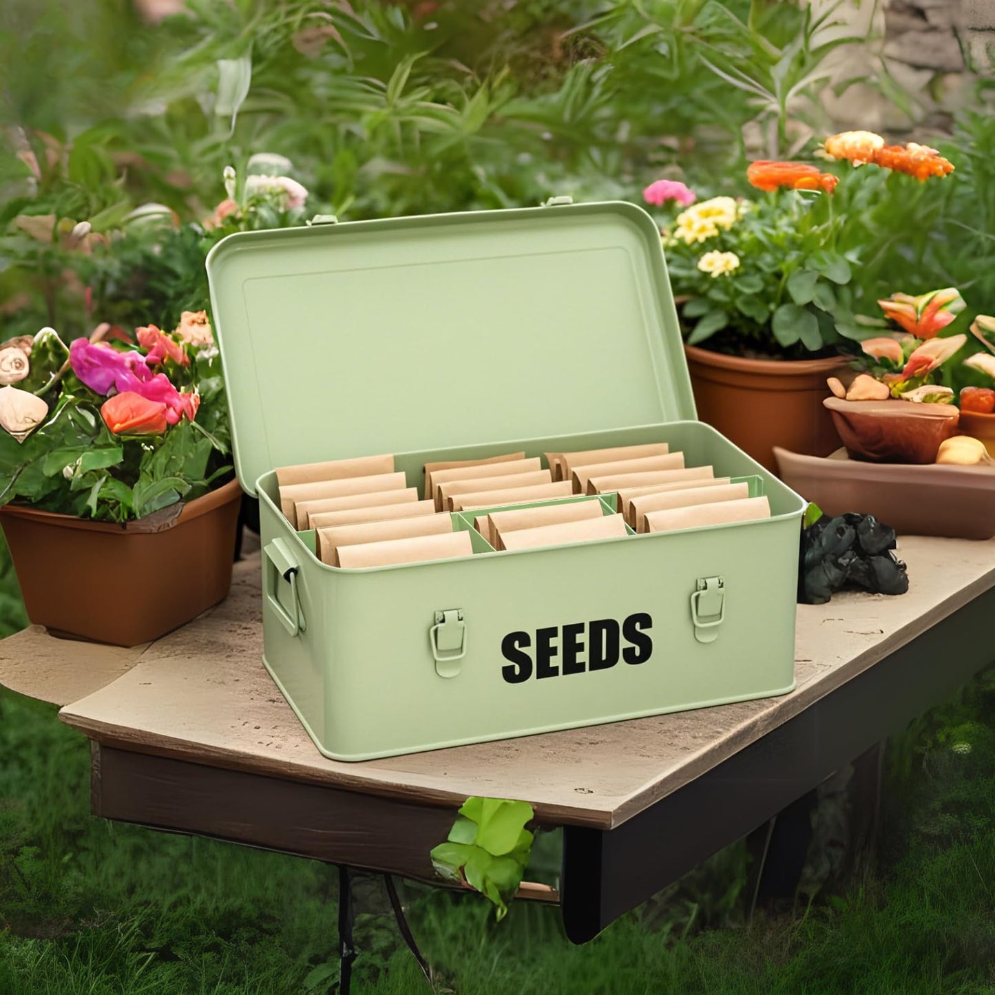 Mezchi Seed Storage Organizer Box with 4 Compartments, Large Metal Seed Packet Container with Lid & Safety Locks, Garden Seed Bin for Saving Seeds with 50 Plant Labels, 20 Envelopes