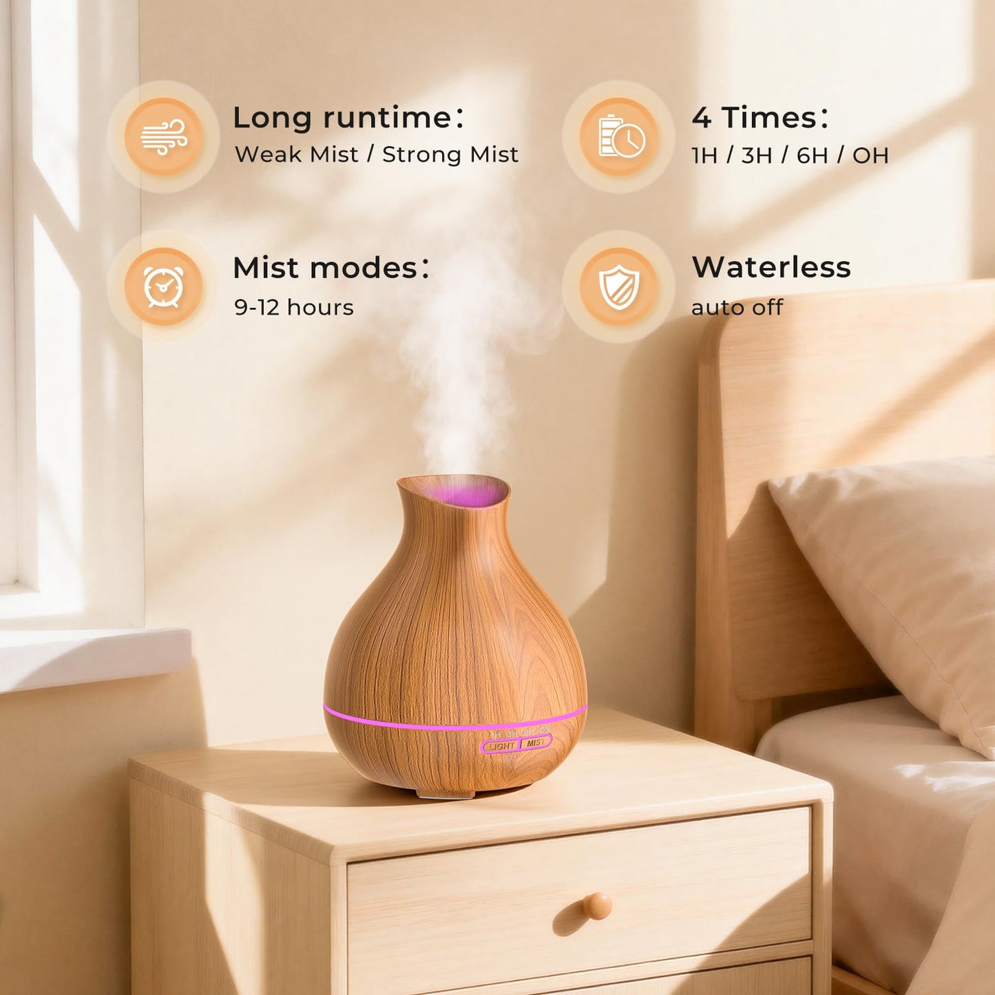 Aromatherapy Essential Oil Diffuser 550ml 12 Hours Wood Grain Aroma Diffuser with Timer Cool Mist Humidifier for Large Room, Home, Baby Bedroom, Waterless Auto Shut-Off, 7 Color Lights Changing