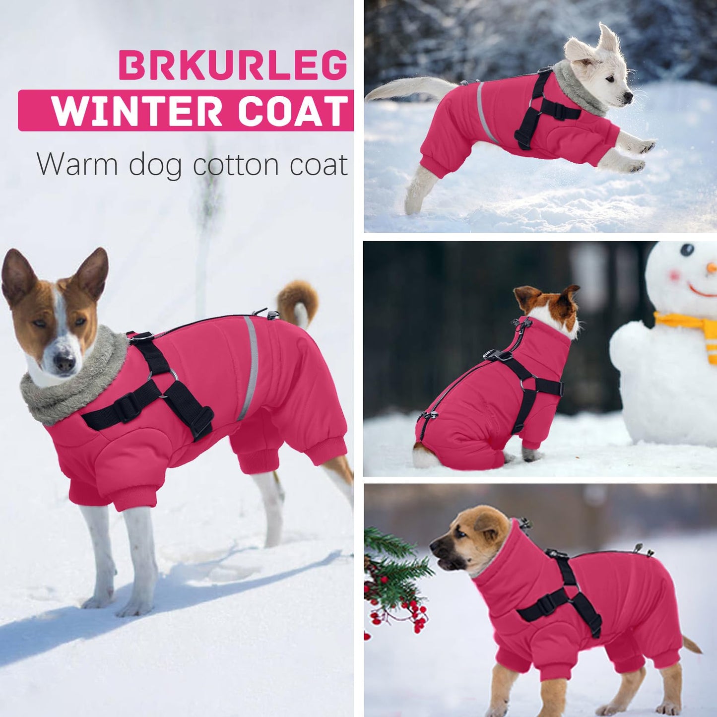 BRKURLEG Dog Winter Coat with Harness Built in, Winter Dog Jackets for Small and Medium Dogs, Small Dogs Snowsuit Reflective Windproof Cold Weather Pet Coats, Puppy Warm Fleece Coat, Hot Pink, M