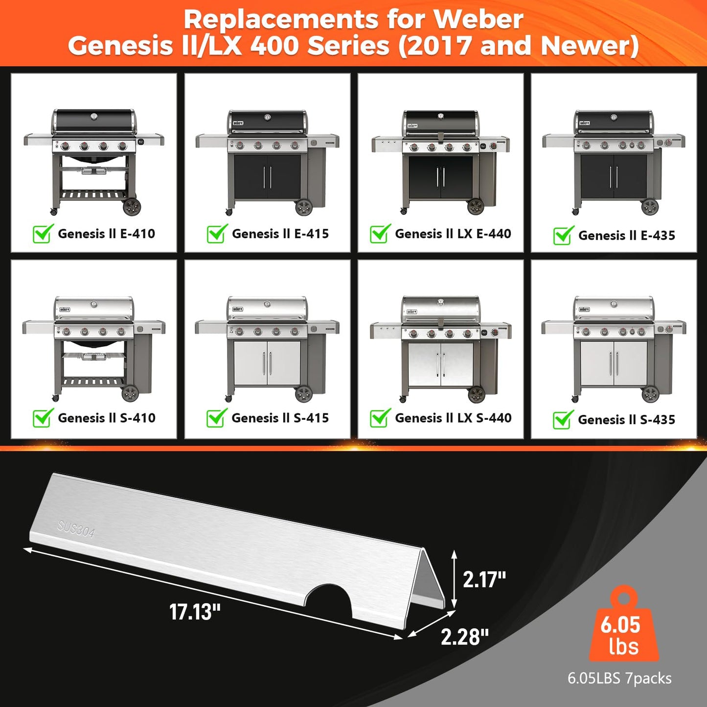QuliMetal 17" Flavorizer Bars for Weber GS4 Genesis 2 E-410/E-415/E-435, Grill Parts for Weber Genesis II LX E-440 Series Gas Grills, SUS304 Stainless Steel Grill Parts for Weber 66033 66796