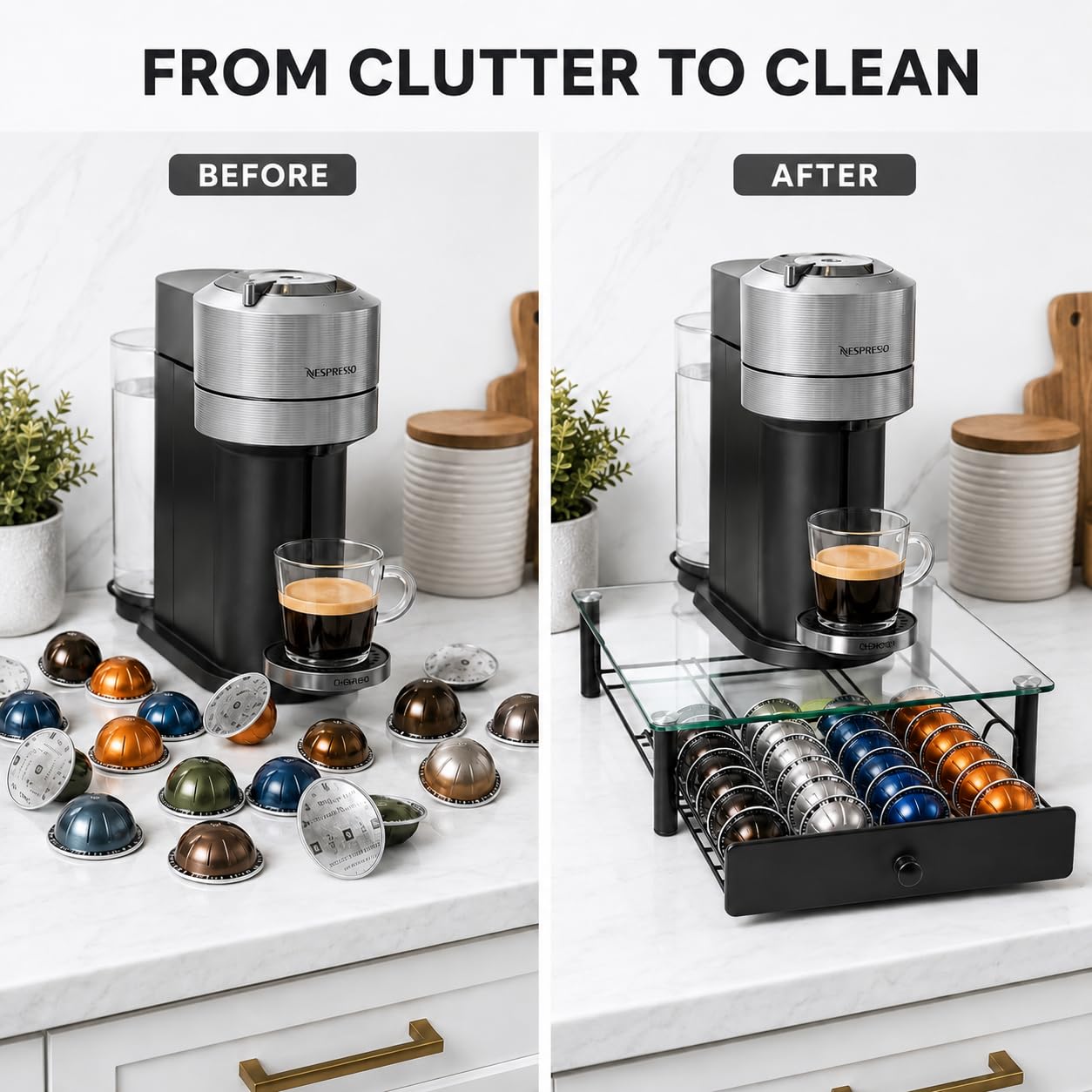 EASTSIGN Vertuo Pods Holder - Drawer Tray for 40-Vertuoline Capsules - Tempered Glass - Capsule Storage - Compatible with Nespresso Vertuoline Capsules - Pods Organizer