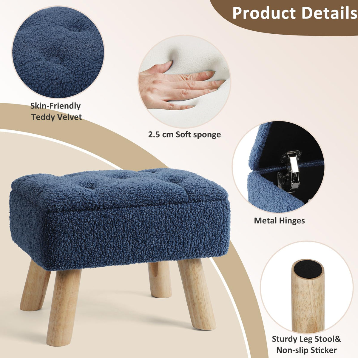 OGEMXU Storage Ottoman, Small Foot Stool Ottoman with Storage, Boucle Teddy Velvet Foot Rest with Padded Seat. (Dark Blue)