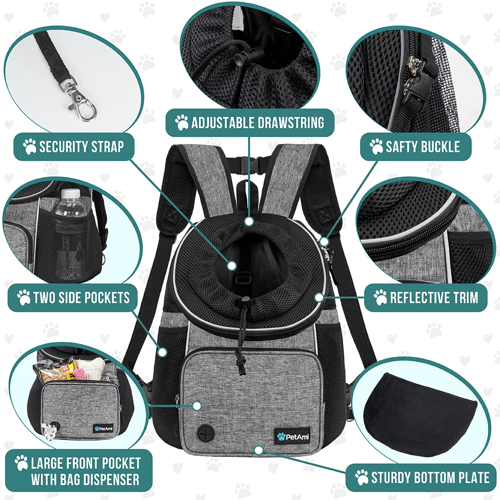 PetAmi Front Carrier Backpack for Dogs and Cats, Adjustable Ventilated Pet Chest Carrier for Hiking, Camping, Travel - Small to Medium Pets, Max 15 lbs, Gray