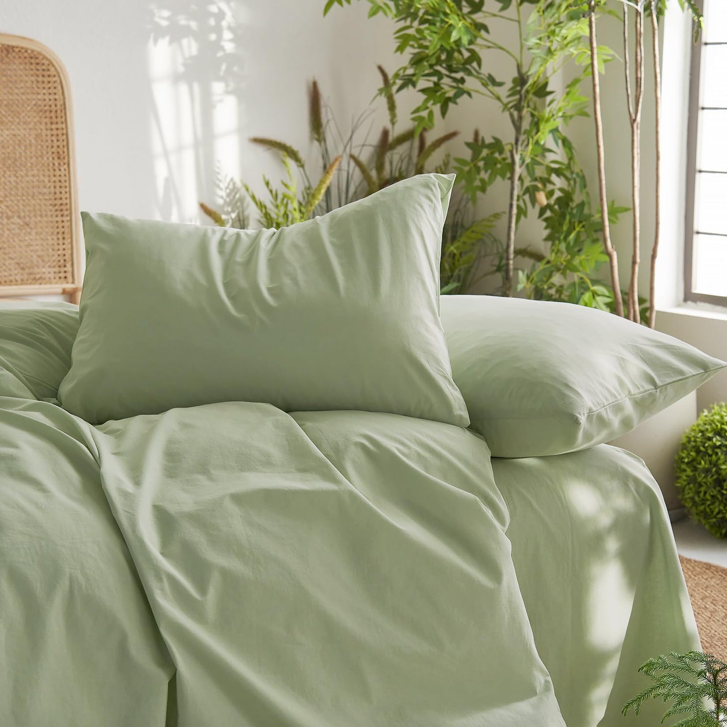 Wake In Cloud - Sage Green Cotton Duvet Cover Set, Queen Size, 100% Washed Cotton Plain Solid Color, Linen Like Textured, Breathable Durable Farmhouse Neutral Bedding Set, 3 Pieces