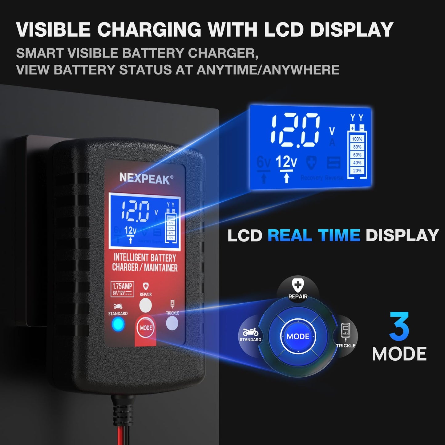 [2-Pack] 1.75A Car Battery Charger, 6V and 12V Smart Fully Automatic Battery Charger Maintainer, Trickle Charger, Battery Desulfator for Car, Lawn Mower, Motorcycle, Boat, Marine Lead Acid Batteries