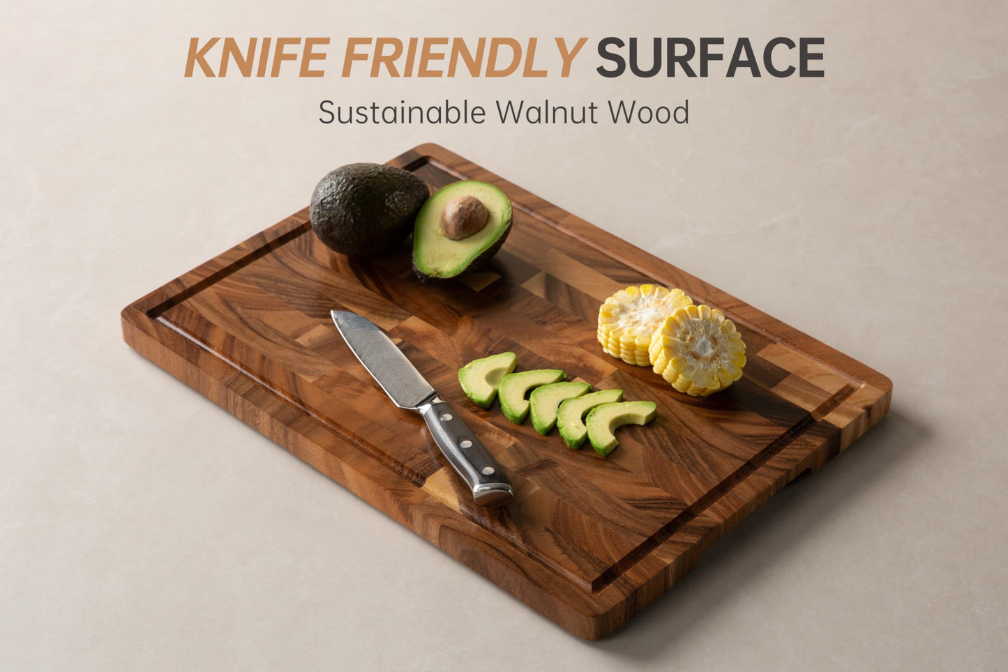 FYCTIO Walnut Wood Cutting Board End Grain Wooden Cutting Boards for Kitchen Chopping Block with Deep Juice Groove, Inners Handles, Gift Box, 16.5“x11.6”x0.8“