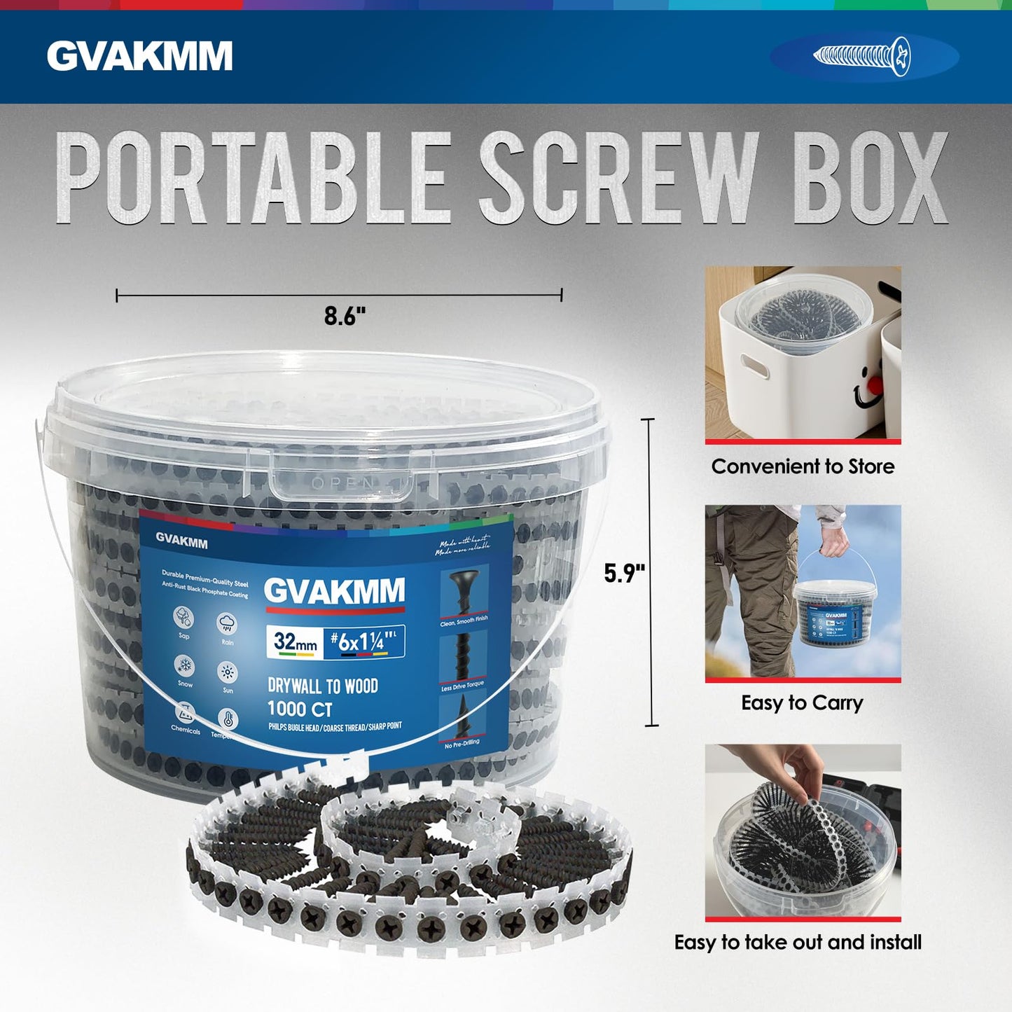 GVAKMM #6×1-1/4 inch Drywall to Wood Collated Screw – 1000 Count,Collated Black Wood,Drywall,Sheetrock Screw