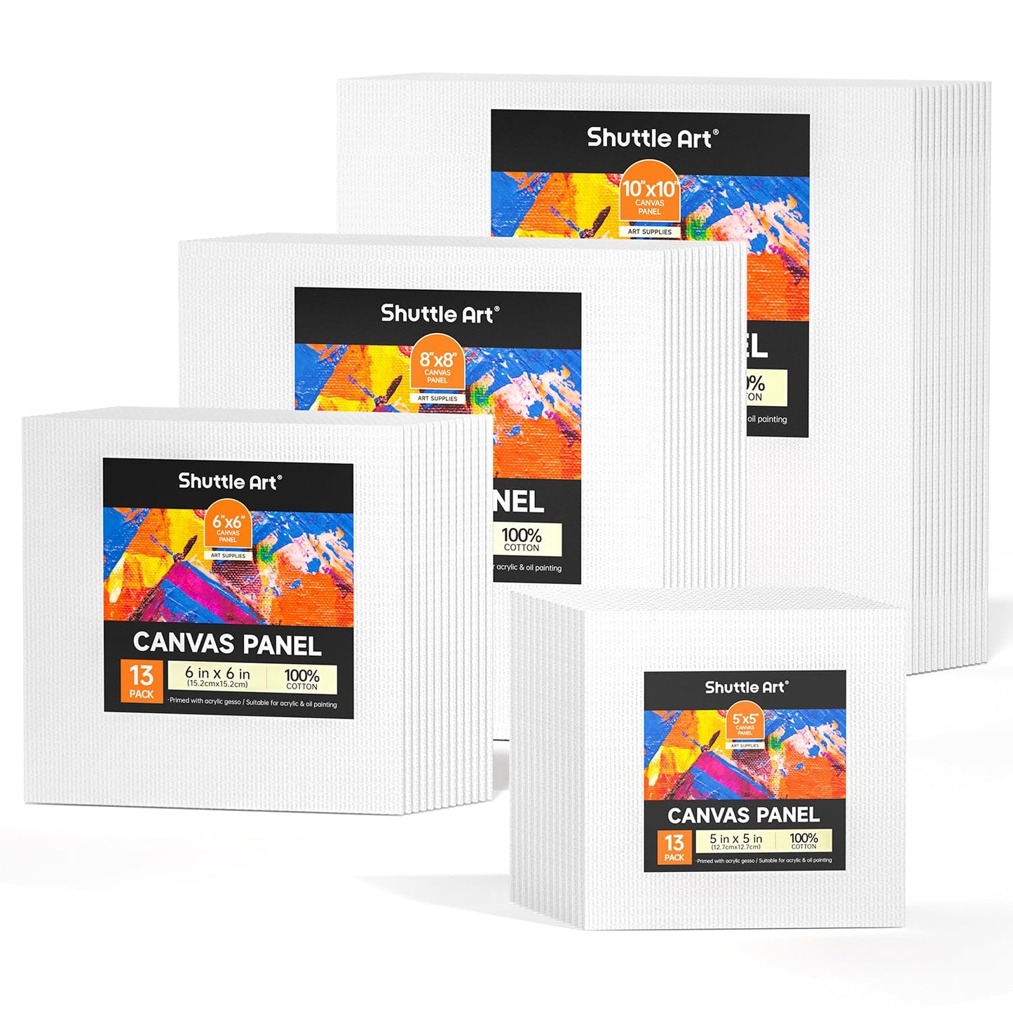 Shuttle Art Painting Canvas Panel, 52 Multi Pack, 5x5, 6x6, 8x8, 10x10 inch (13 PCS of Each), 100% Cotton Art Canvas Board Primed White, Blank Canvas for Kids Adults for Acrylic Oil Painting