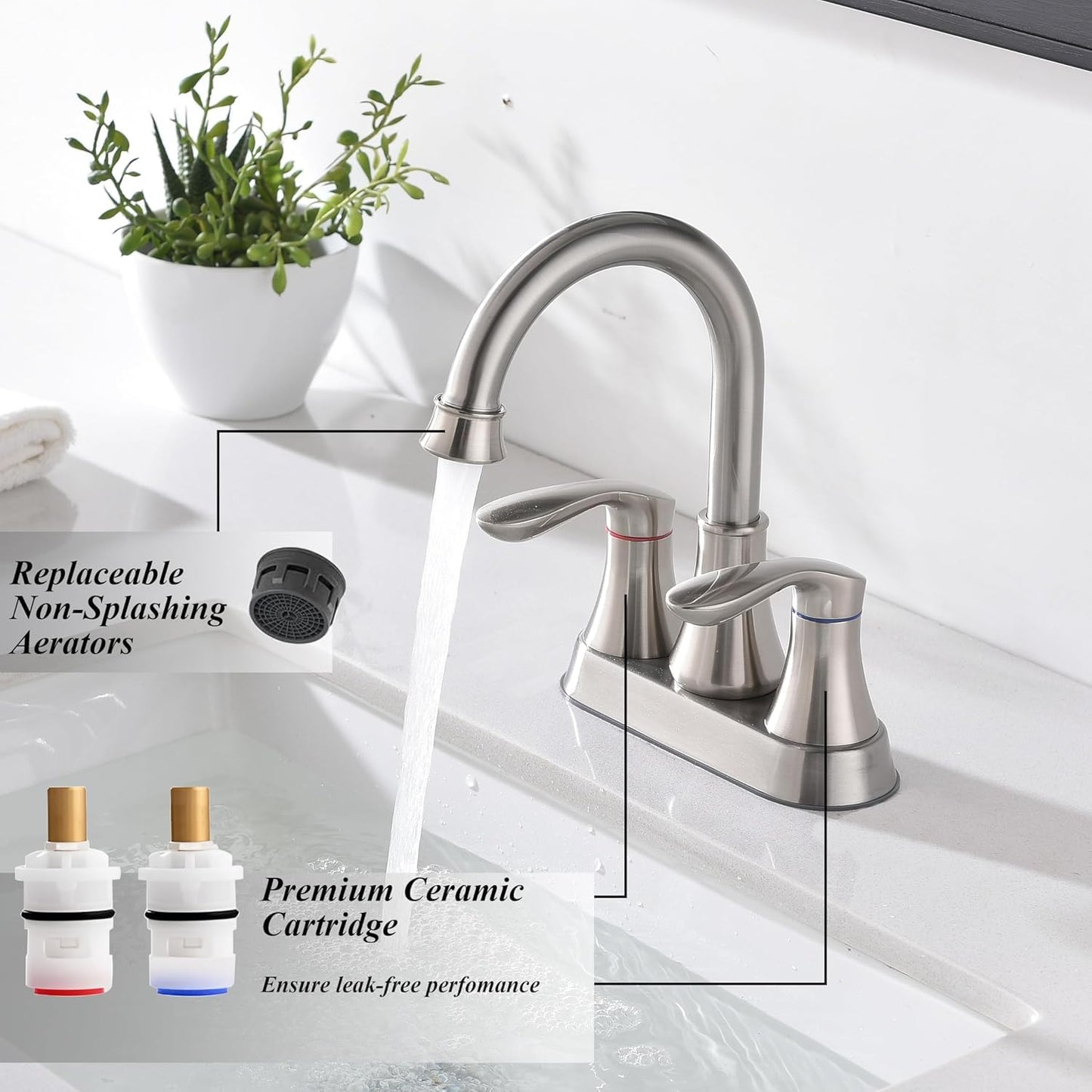 Centerset Modern Commercial 2-Handle Brushed Nickel Bathroom Faucet, 4 inch RV Bathroom Sink Faucet 3 Hole Bath Vanity Faucets with Drain Stopper and Water Hoses