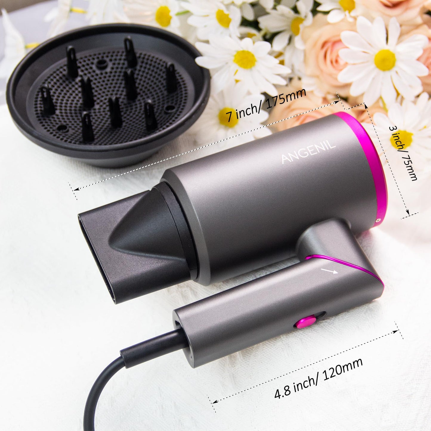 ANGENIL Ionic Blow Dryer, Magnetic Nozzle & Diffuser Hair Dryer for Curly Hair, Fast Drying Low Noise, Professional Travel Hair Dryer, Foldable Handle, 3 Constant Temp Without Hair Damage
