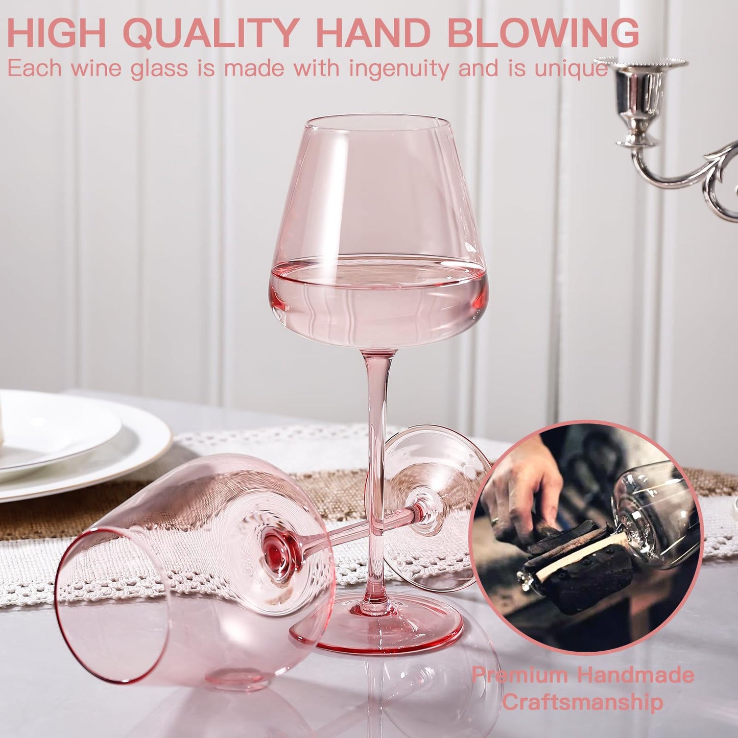 JOVGANK Pink Wine Glasses Set of 6, Hand Blown Large Colored Wine Glass 18Oz, Lead-Free Premium Crystal Long Stem Red and Thanksgiving Wine Glass, Housewarming and Mother's Day Gift