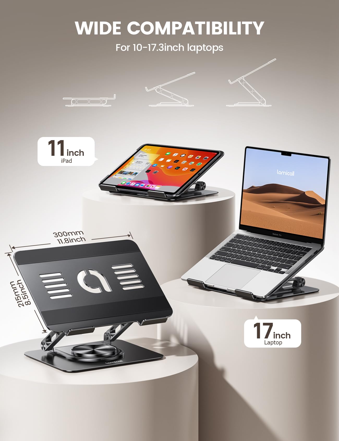 Lamicall Adjustable Laptop Stand for Desk - [360° Rotatable] Foldable Ergonomic Computer Stand, Aluminum Laptop Riser for Office Home fits MacBook Air Pro, Dell XPS, HP, Tablets (10-17.3'') - Black
