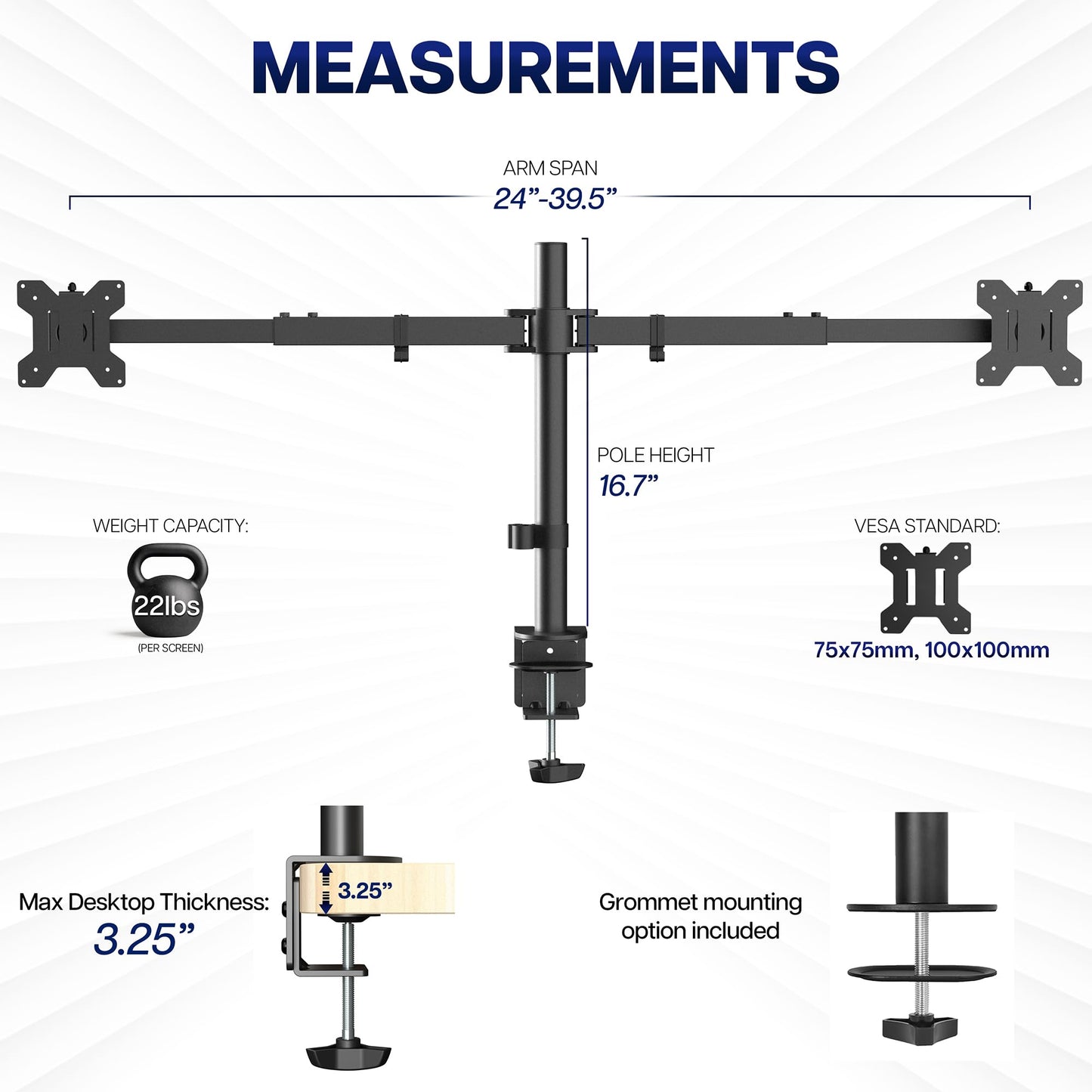 VIVO Premium Dual Ultra Wide LCD LED 27 to 38 inch Monitor Desk Mount, Heavy Duty, Adjustable Telescoping Arms, Flush Wall Setup, Fits 2 Screens, Black, STAND-TS38C