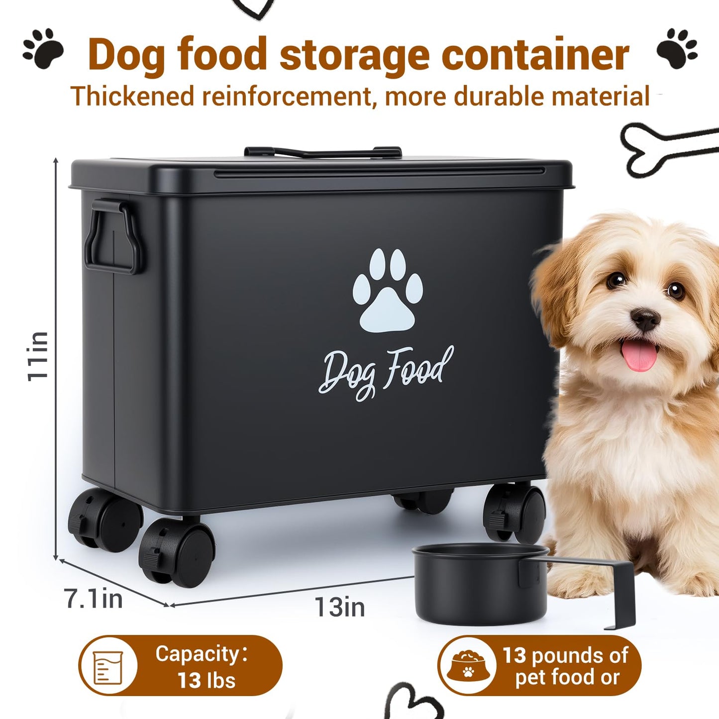 Himake Dog Food Container 13lb, Cute Airtight Pet Food Storage Containers with Metal Lid Scoop, Black Metal Storage Bin for Dog/Cat with Wheels,Easy to Move