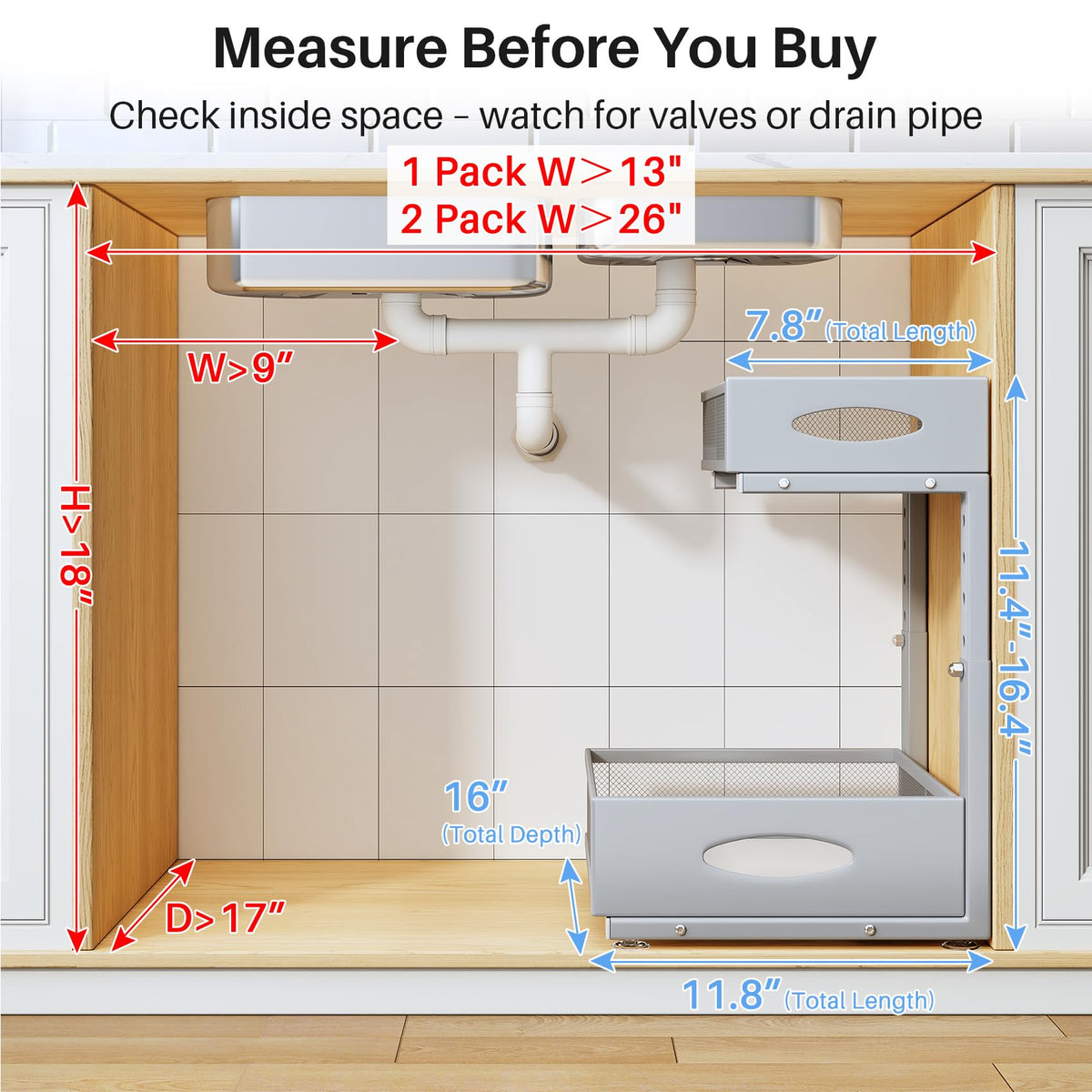 Under Sink Organizer, 2 Pack 2 Tier Pull Out Under Cabinet Organizer Shelf with Pad for Framed Cabinets, Metal Slide Out Under Sink Storage, Mesh Sliding Drawers for Kitchen Bathroom Laundry, Grey