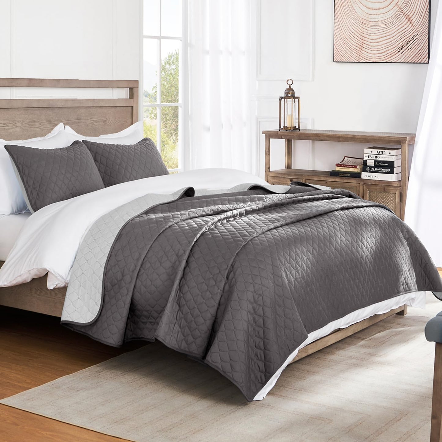 Exclusivo Mezcla Ultrasonic Reversible 3 Piece King Size Quilt Set with Pillow Shams, Lightweight Bedspreads/ Coverlet/ Bed Cover - (Grey, 92 inchx104 inch)