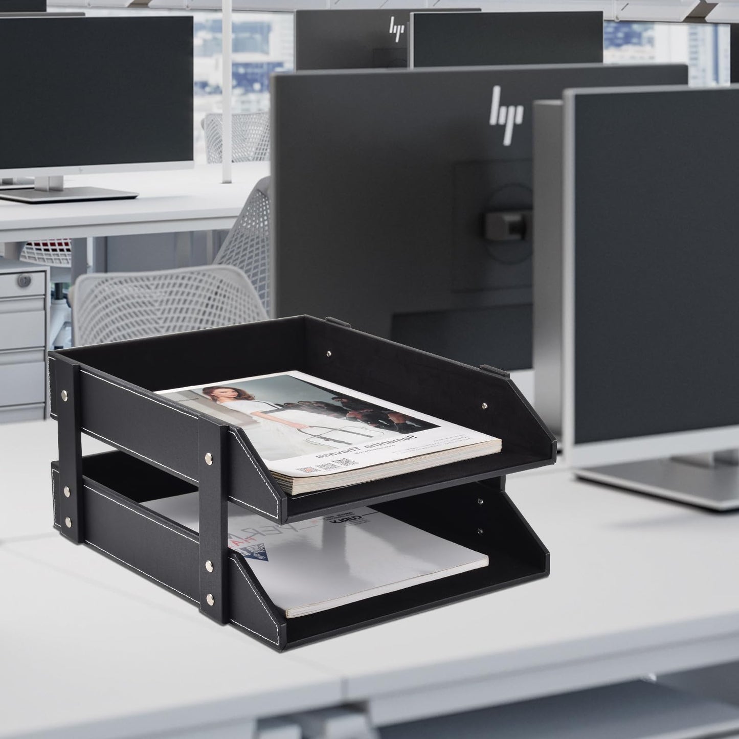 Leather Desk File Supply Organizer,Stackable Office File Document Tray for Files, Folder, Stationery, Magazine, Newspaper, Mail, Home Sundries Desktop Organization Holder,Black